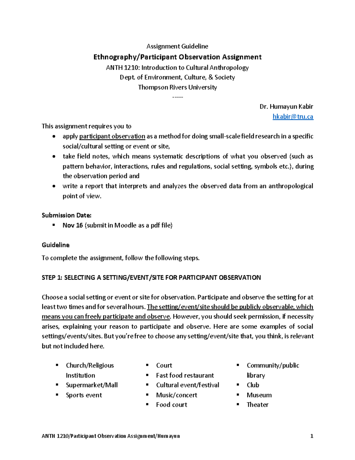 Participant Observation Assignment Guidelines ANTH 1210 - Studocu