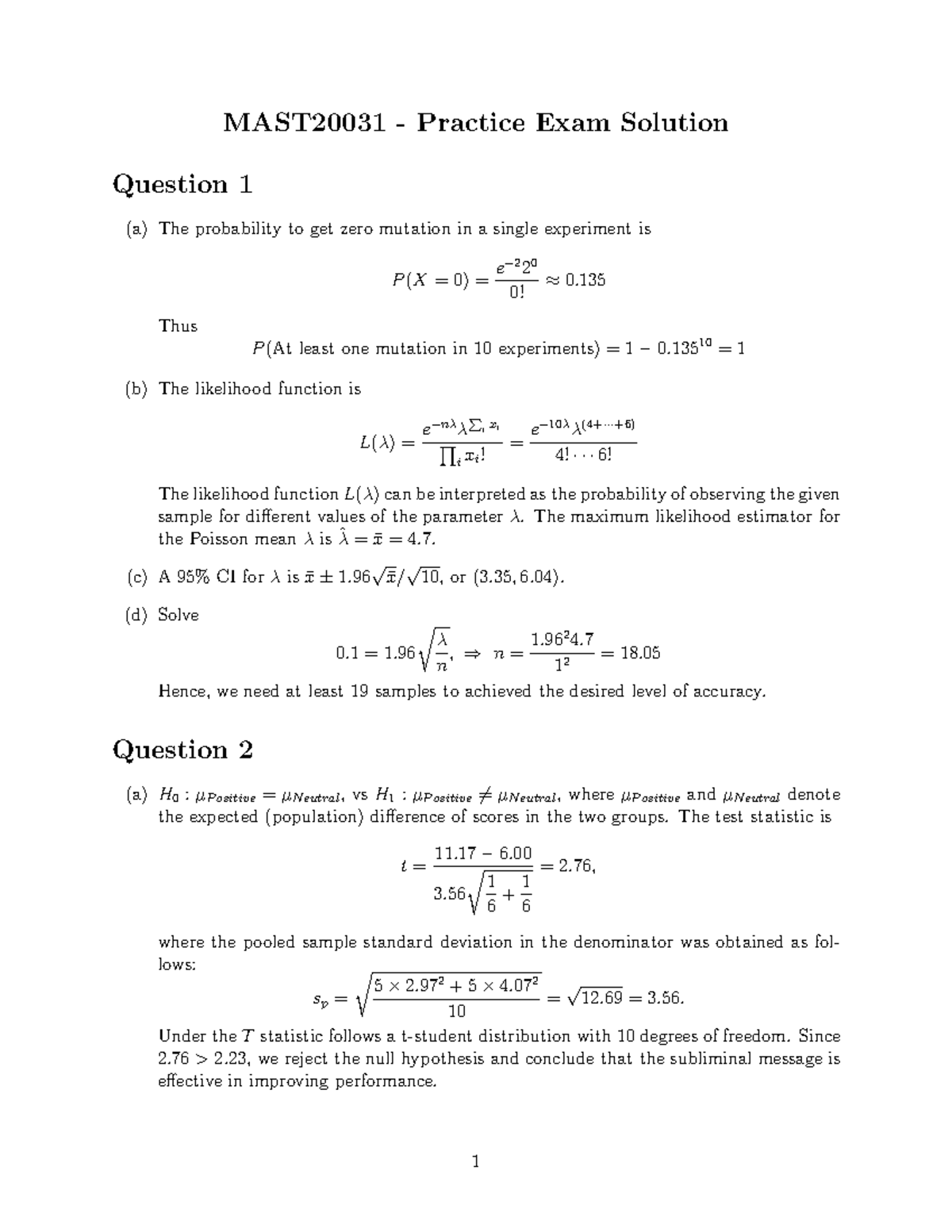 MAST20031 Practice Exam Solutions: Key Concepts & Analysis - Studocu