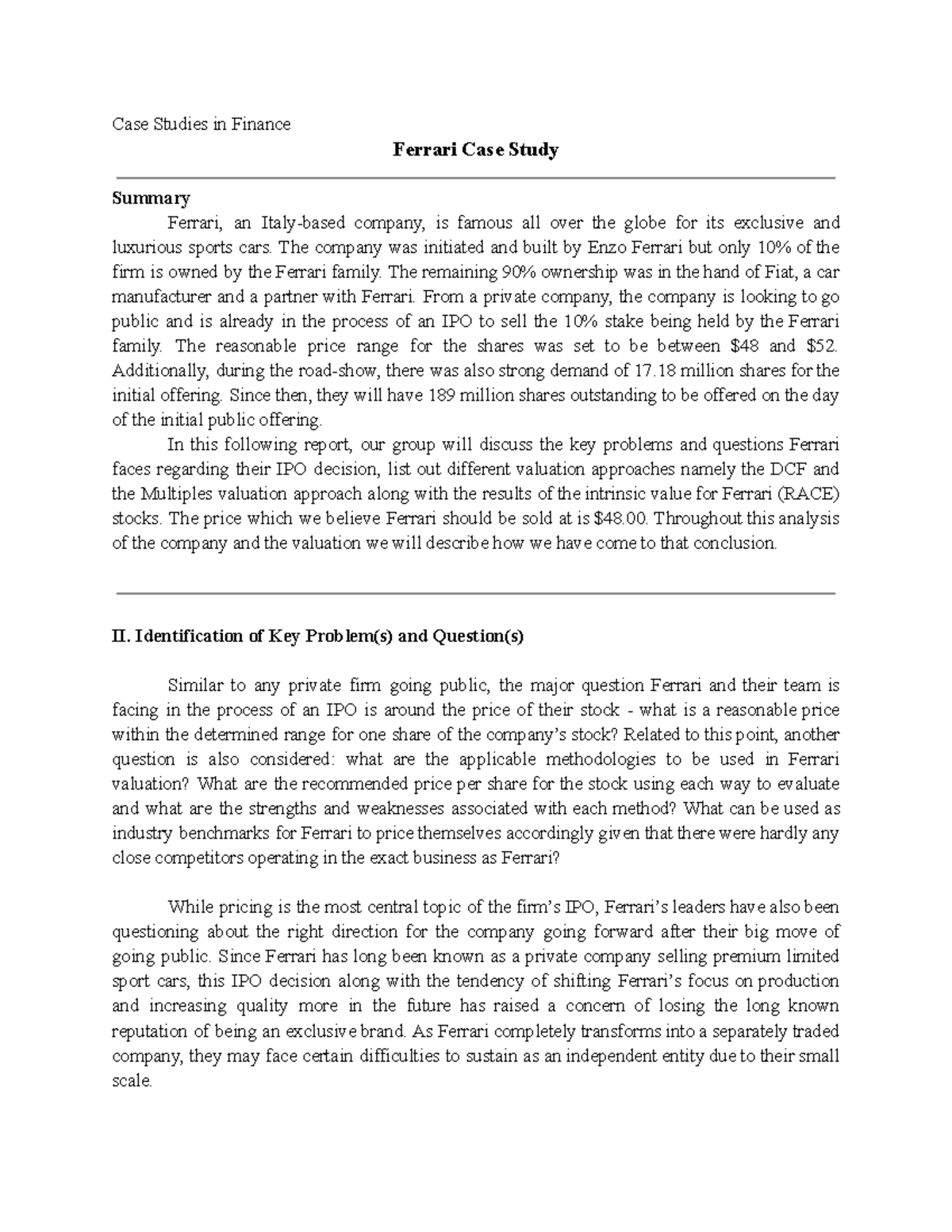 Ferrari Case Study Write Up - Case Studies in Finance