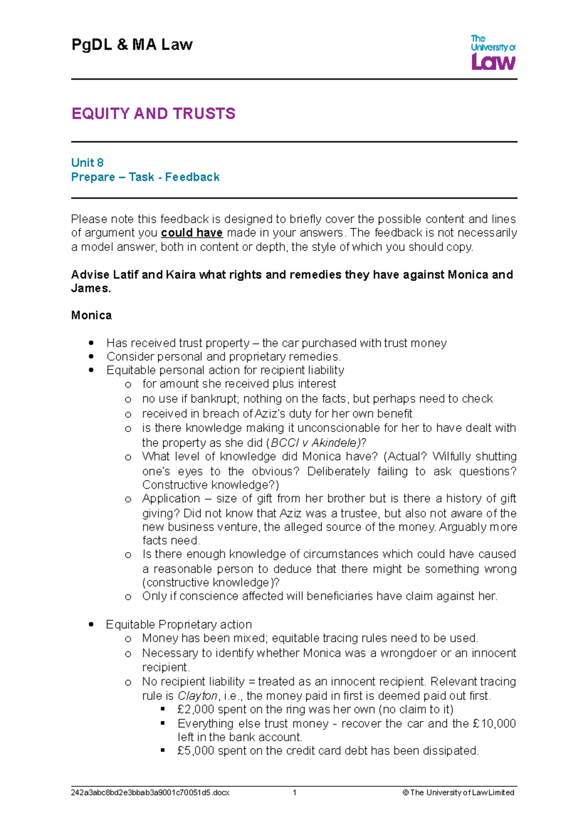 2122 PgDL & MA Law Unit 8 Task Feedback on Equity & Trusts - Studocu