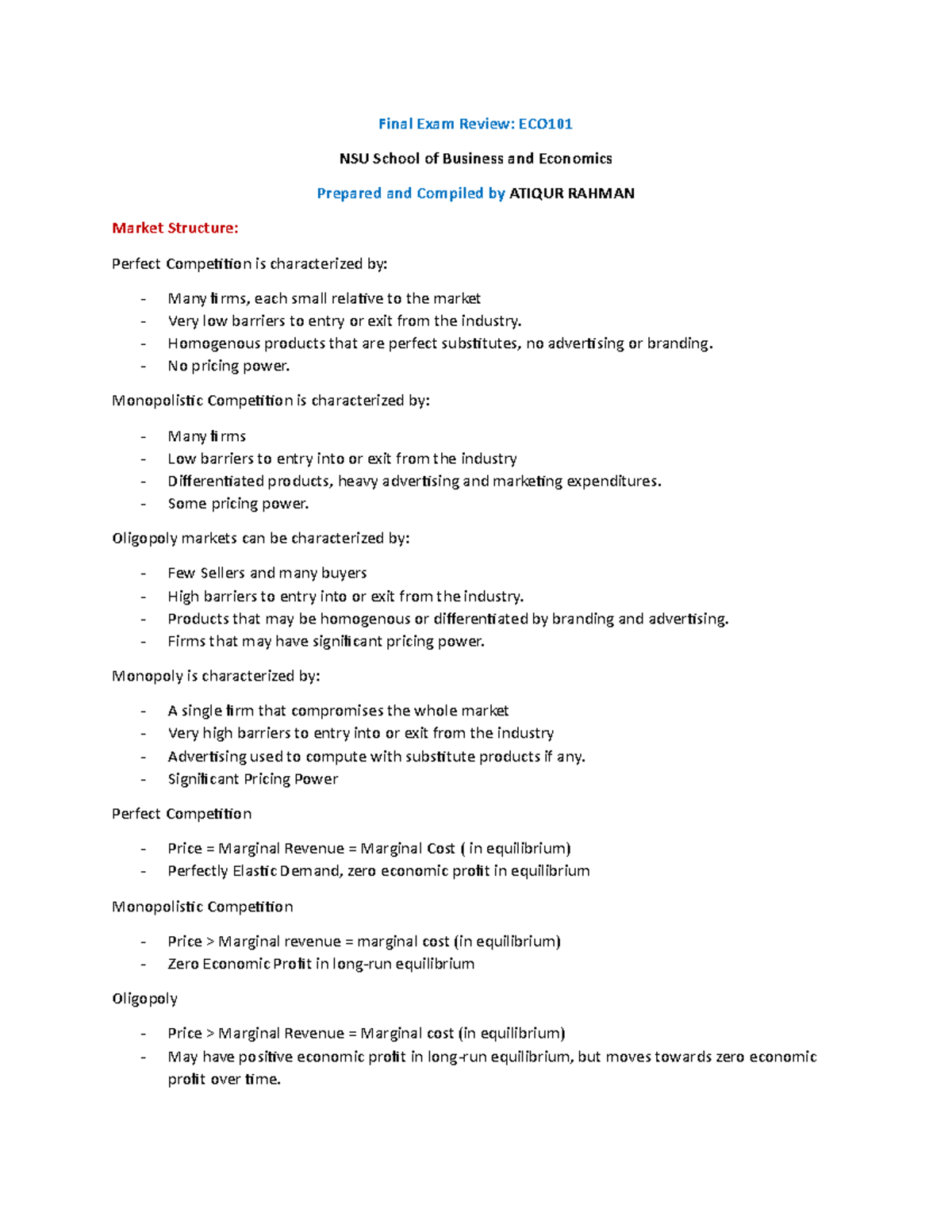 Final Exam Review: Market Structure Insights for ECO101 - Studocu