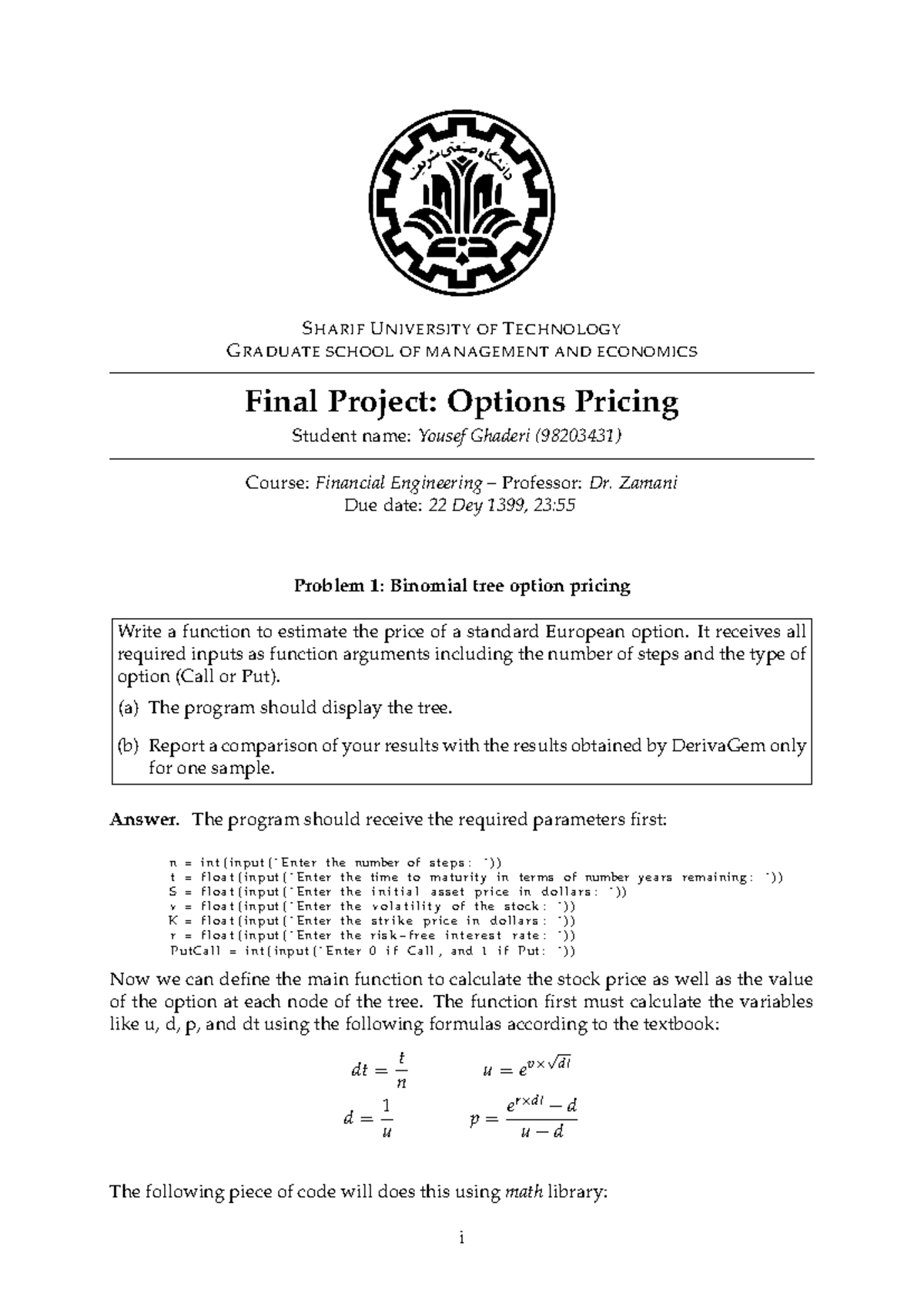 FIN-ENG 450 Final Project: Options Pricing Analysis Using Python - Studocu