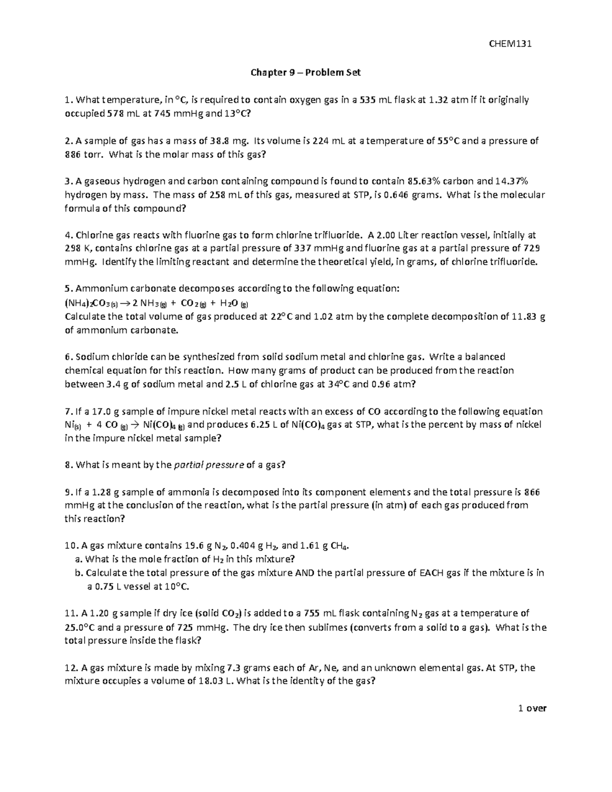 CHEM131 Chapter 9 Gas Laws Problem Set 1 - Studocu
