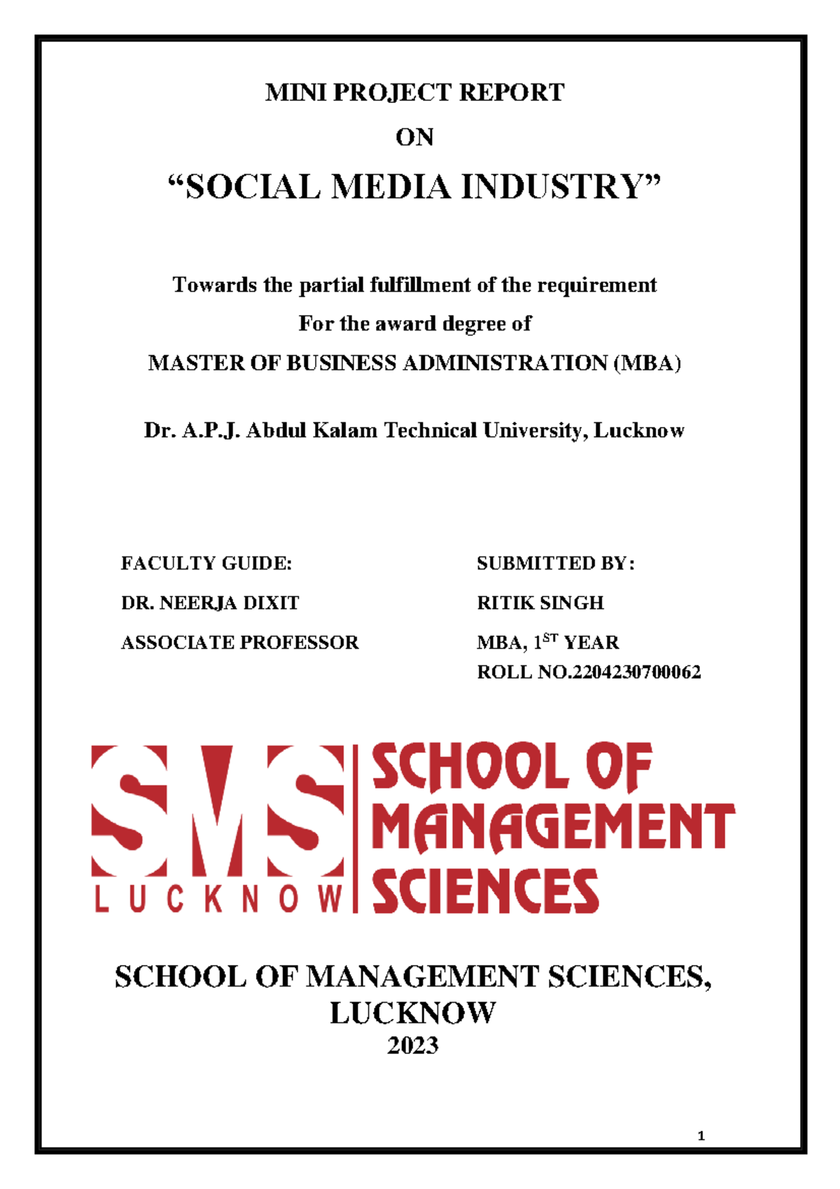 “Social Media Industry: MINI Project Report for MBA (2023)” - Studocu