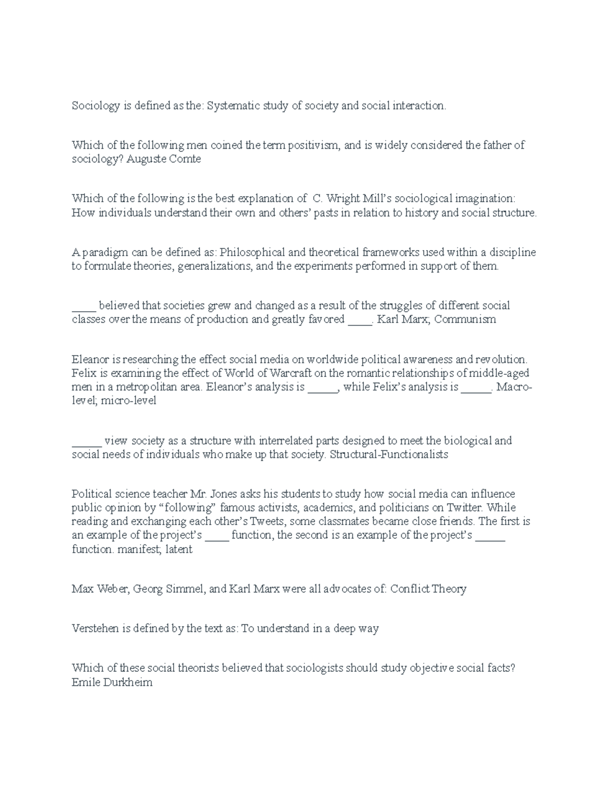 Exam 1 Study Guide - Sociology is defined as the: Systematic study of ...