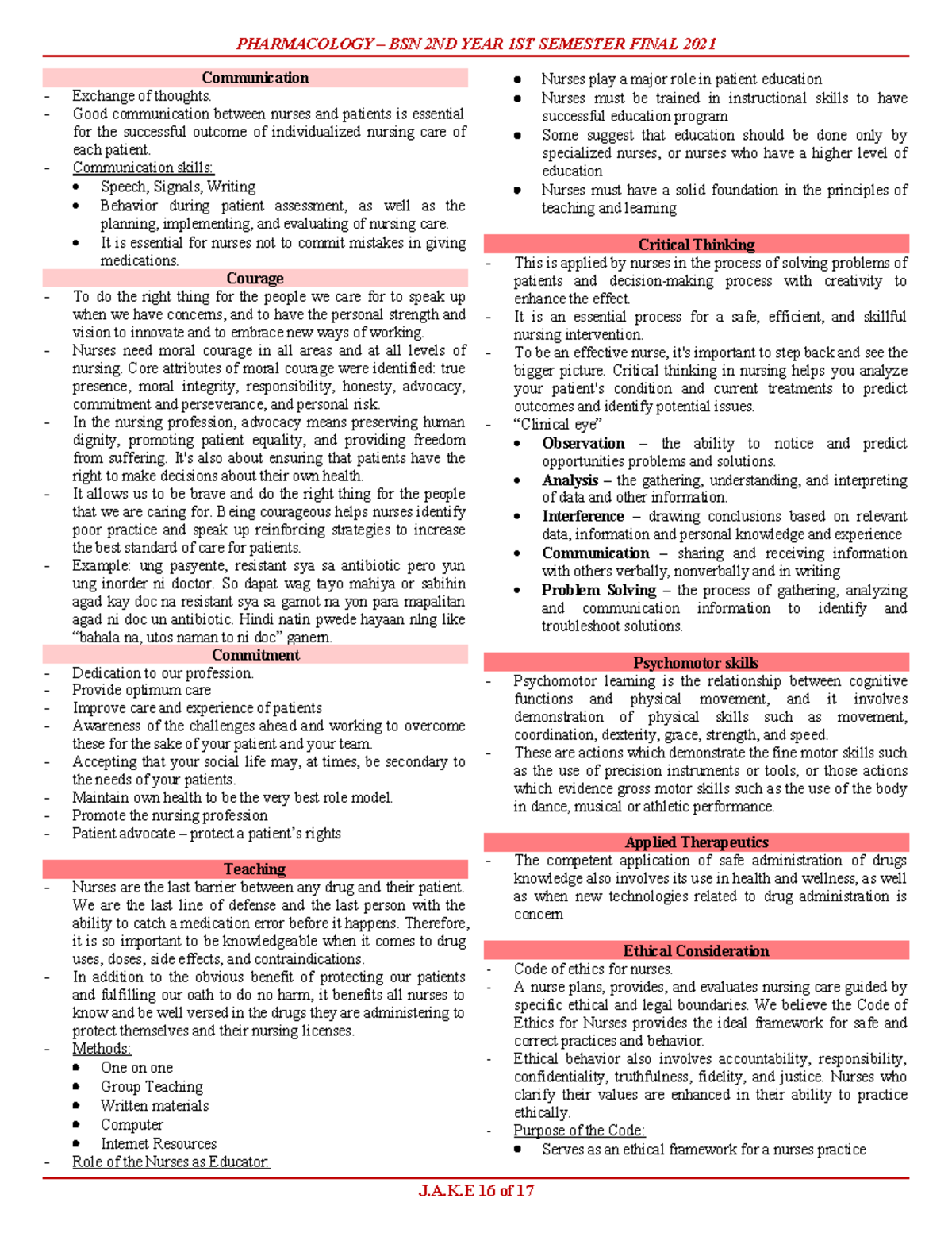 Applied Therapeutics - PHARMACOLOGY BSN 2nd Year Final Exam Notes - Studocu