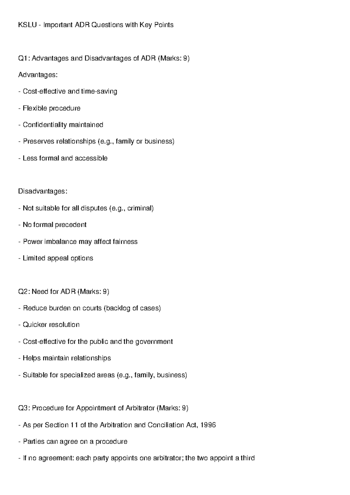KSLU Important ADR Questions & Key Points for Exam Preparation - Studocu