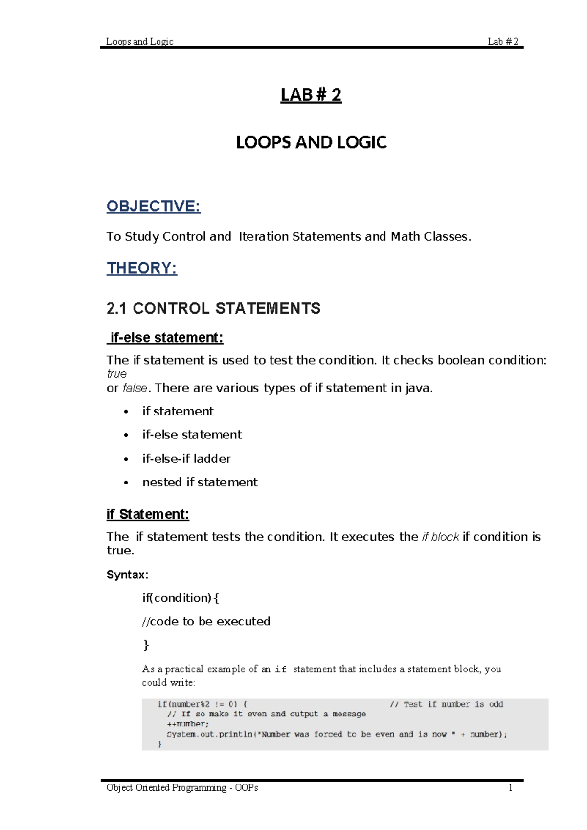 Java LAB 251 - Assignment 1: Loops & Control Statements Overview - Studocu
