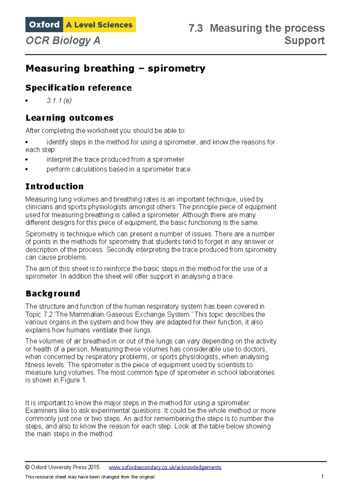 OCR Biology A: Spirometry Methods and Lung Volume Analysis - Studocu