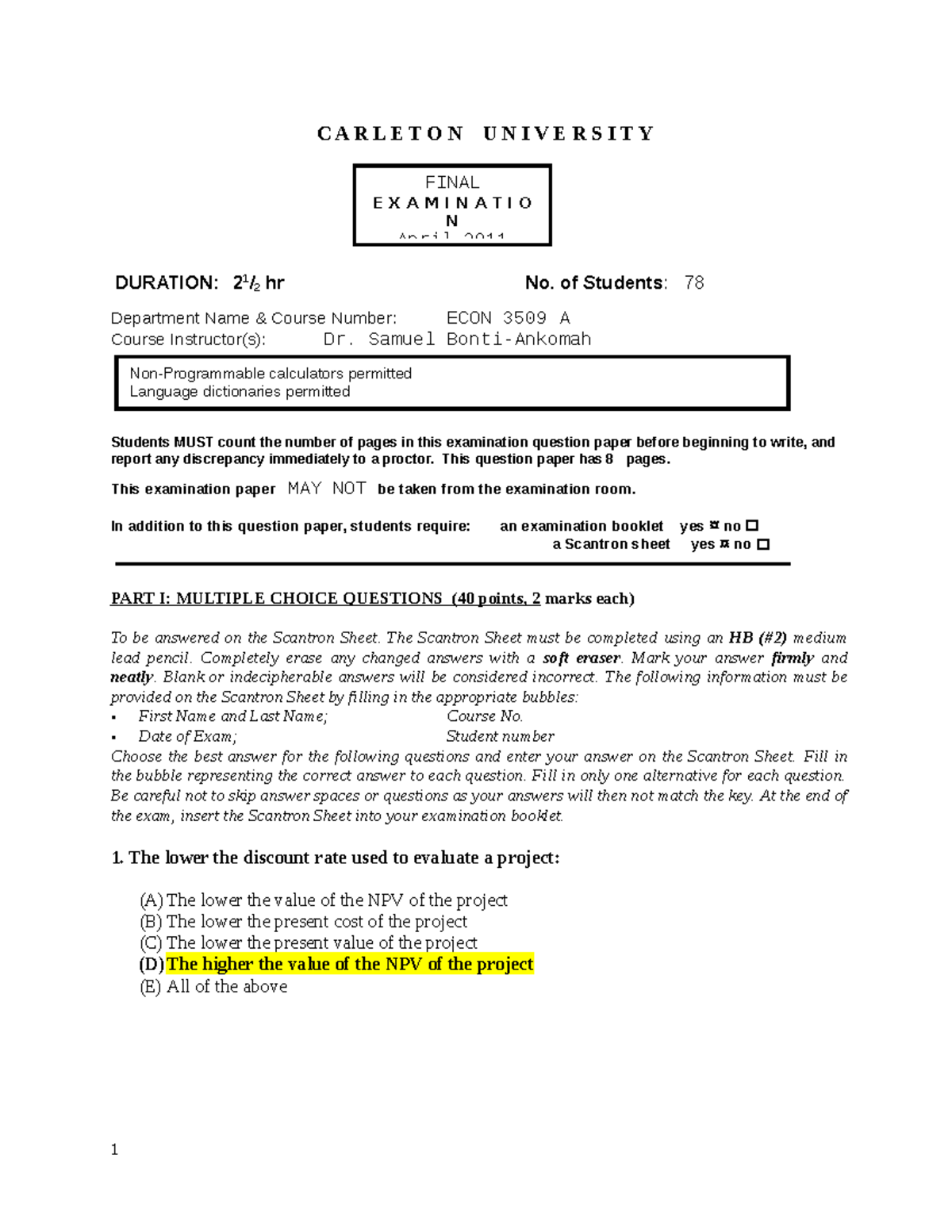 Econ 3509 Final Exam Answers - April 2011 Exam Solutions - Studocu