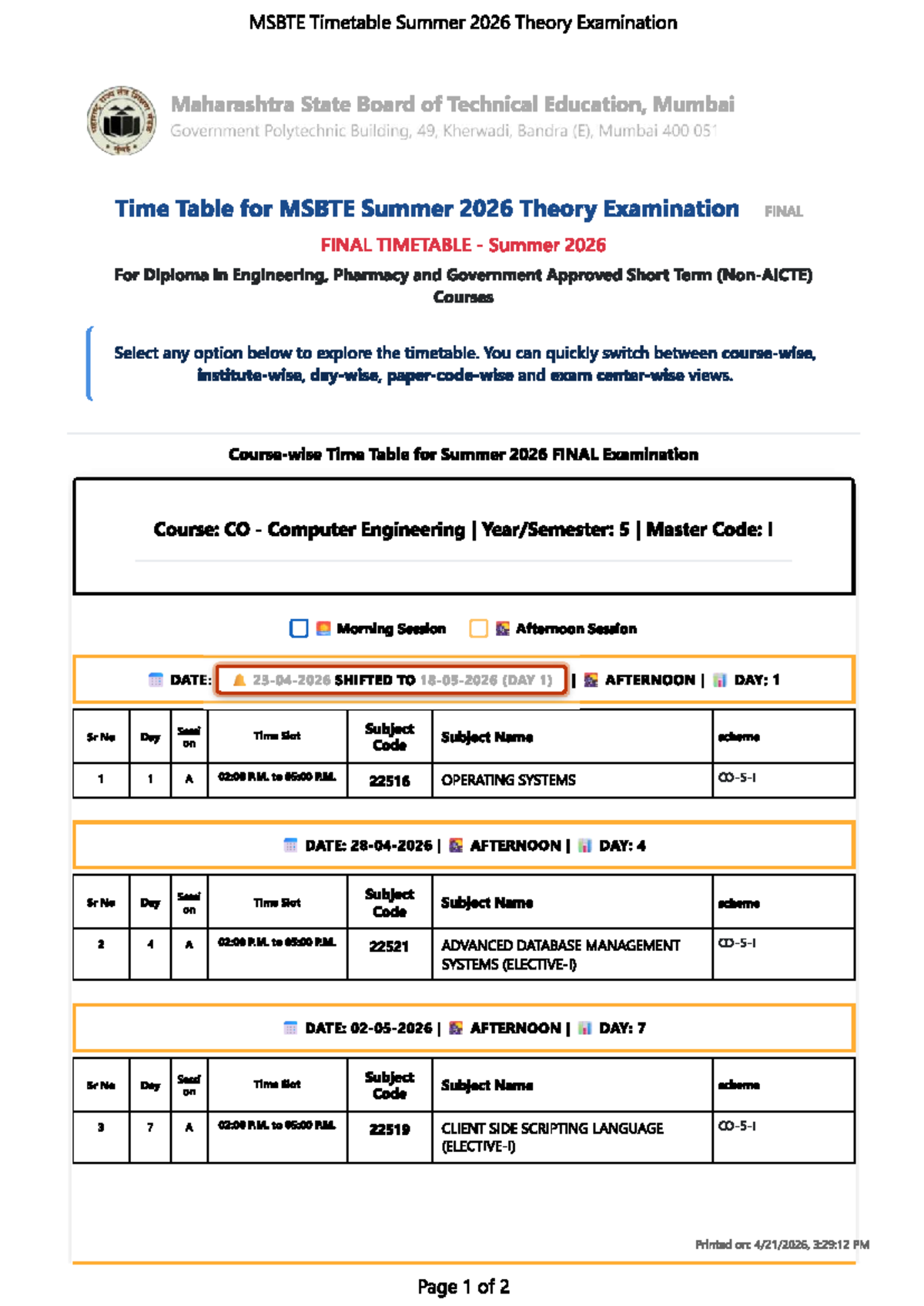 MSBTE Summer 2026 Final Exam Timetable for 5th Sem Engineering - Studocu