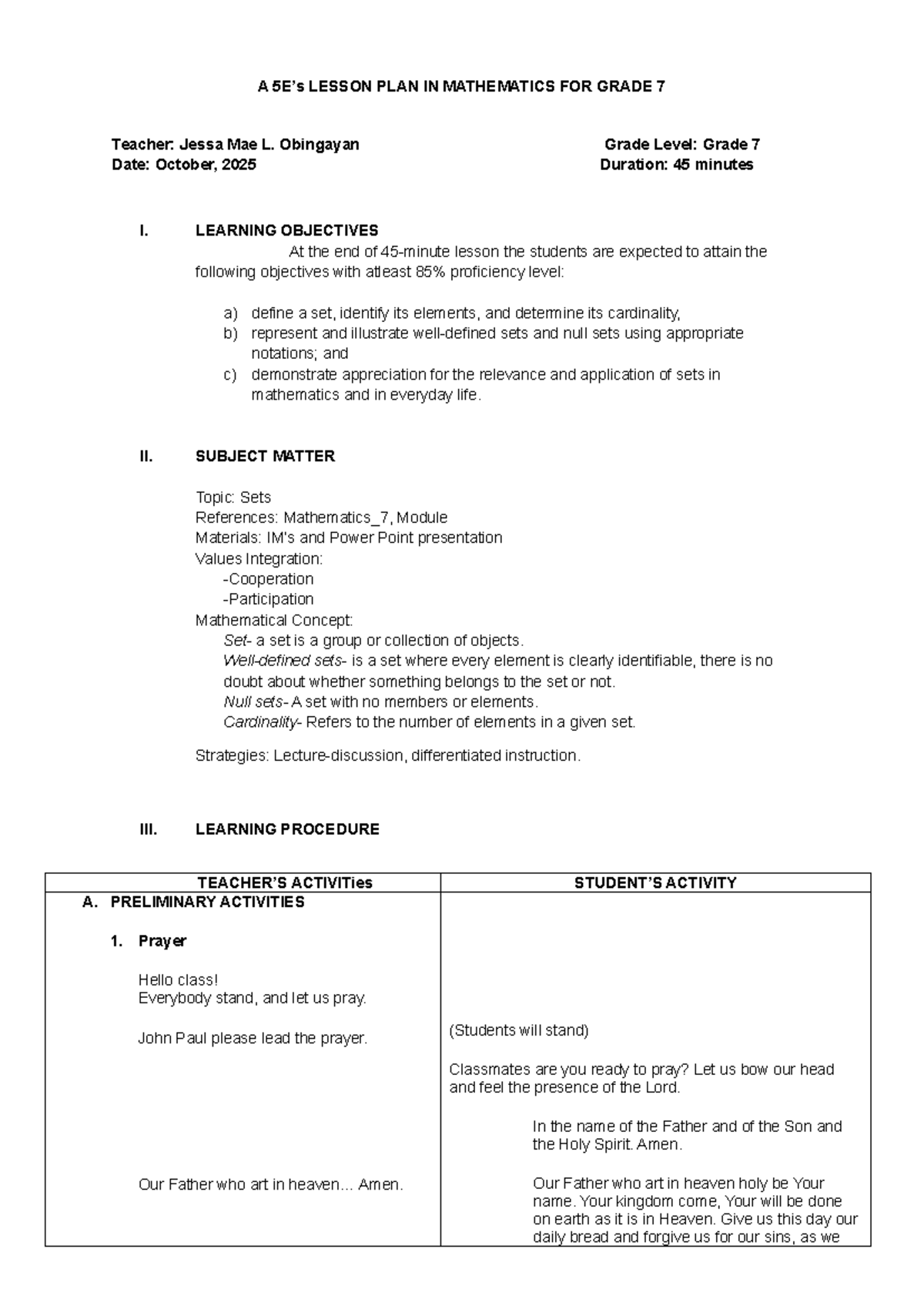 Detailed Lesson Plan in Mathematics for Grade 7 (Inclusive 5E's) - Studocu