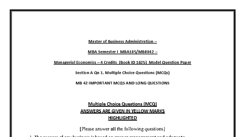 MBA Semester I Managerial Economics Model Question Paper (4 Credits ...