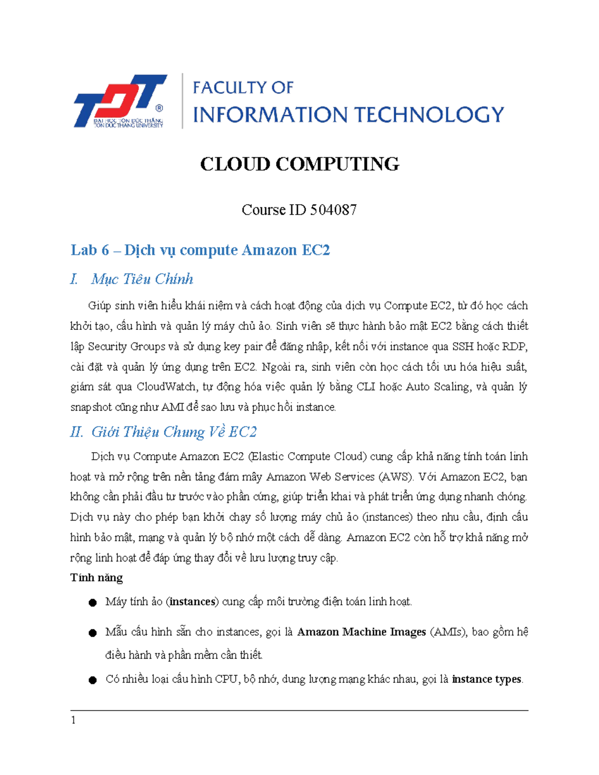 Lab 6 - CLOUD COMPUTING 504087: Dịch Vụ Compute Amazon EC2 - Studocu