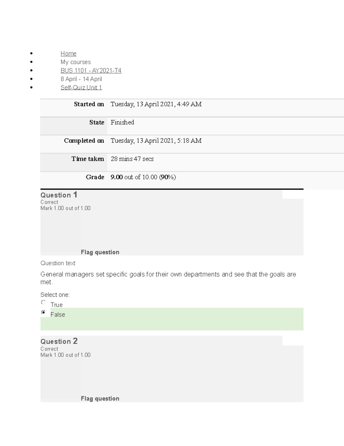 BUS 1101 UNIT 1 Self-Quiz Review and Performance Analysis - Studocu