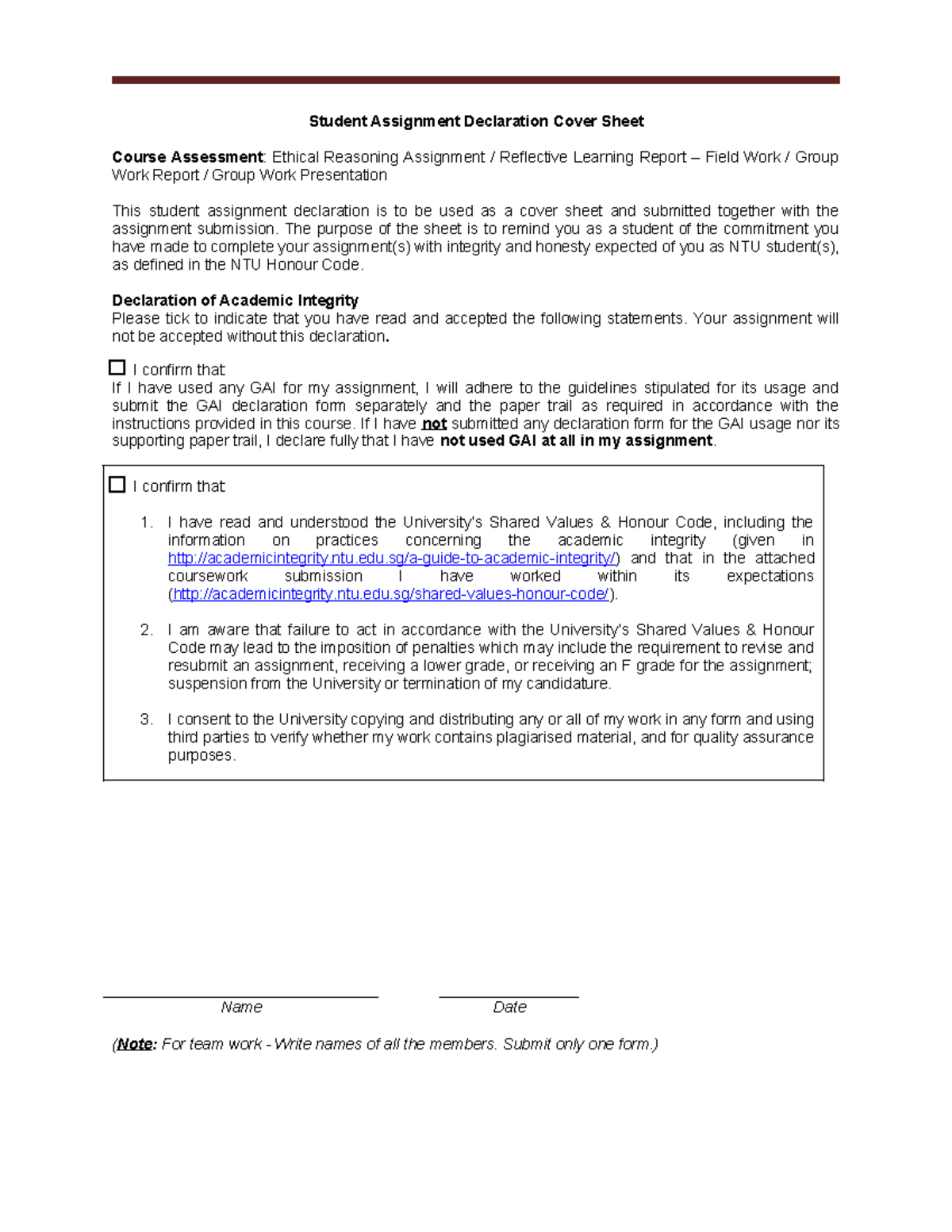 BE2601-2 Student Assignment Declaration Cover Sheet for Ethical ...