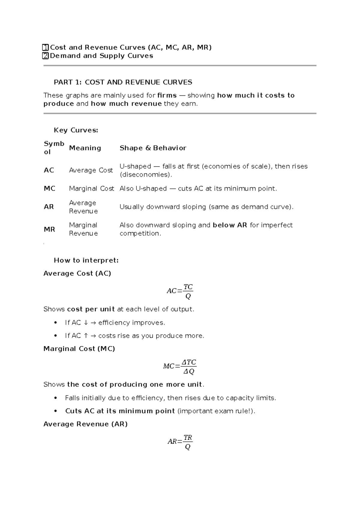 Understanding Cost and Revenue Curves (AC, MC, AR, MR) & Demand/Supply ...