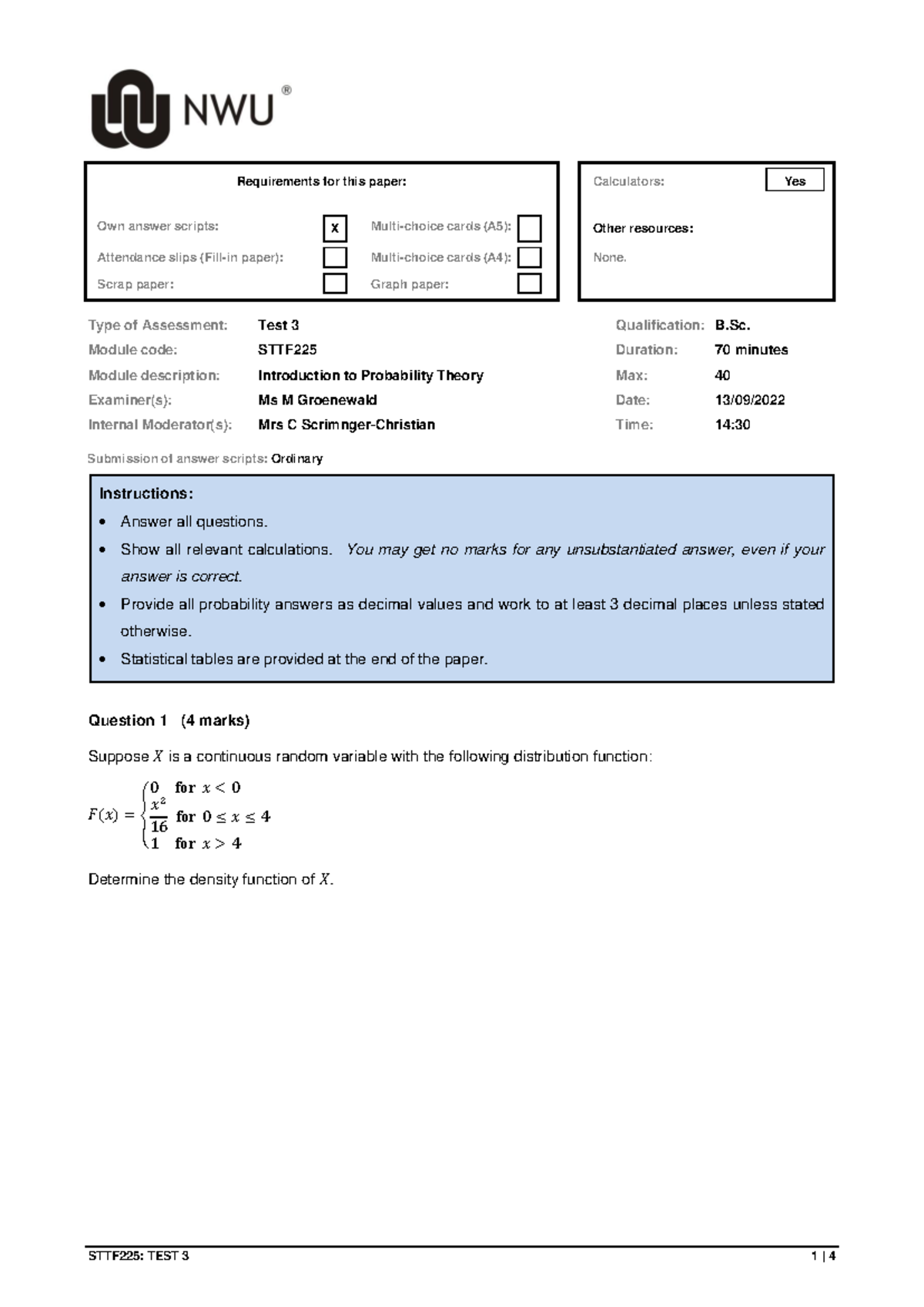STTF225: Test 3 - Probability Theory Past Paper 2022 - Studocu