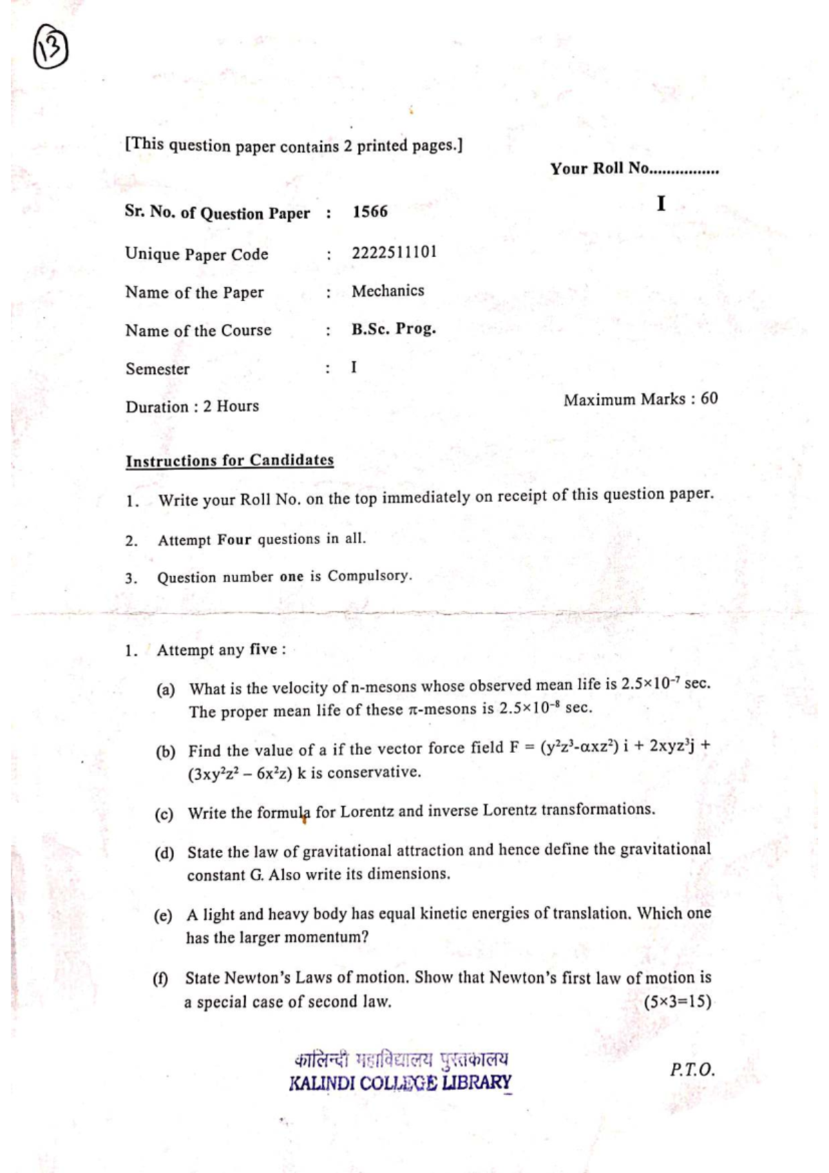 B.Sc. I Mechanics PYQ - Previous Year Question Paper - Studocu