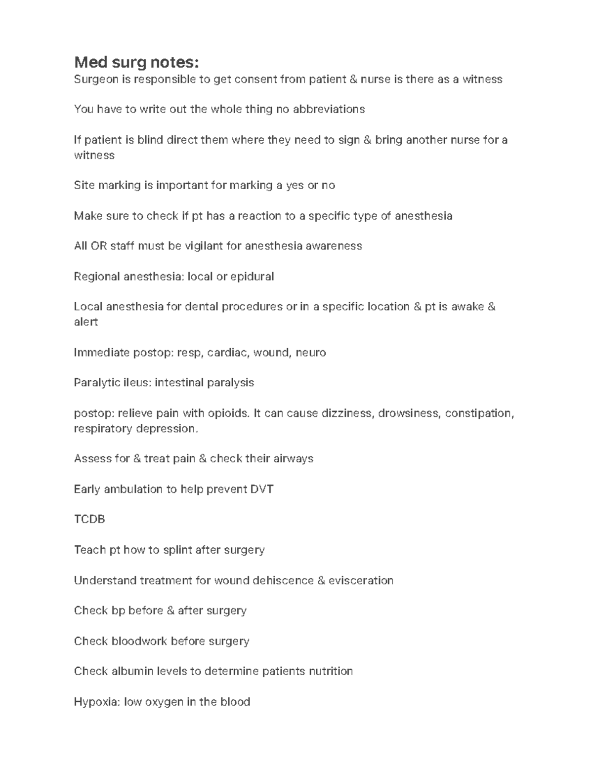 Med surg notes unit 1 - blood - Med surg notes: Surgeon is responsible ...