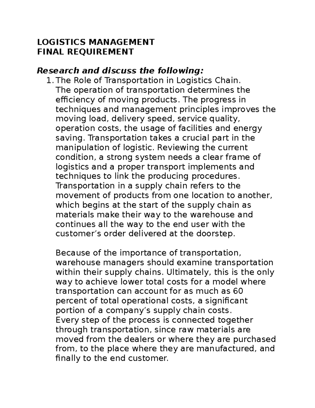 Final Paper on Logistics Management: Transportation and Innovation ...