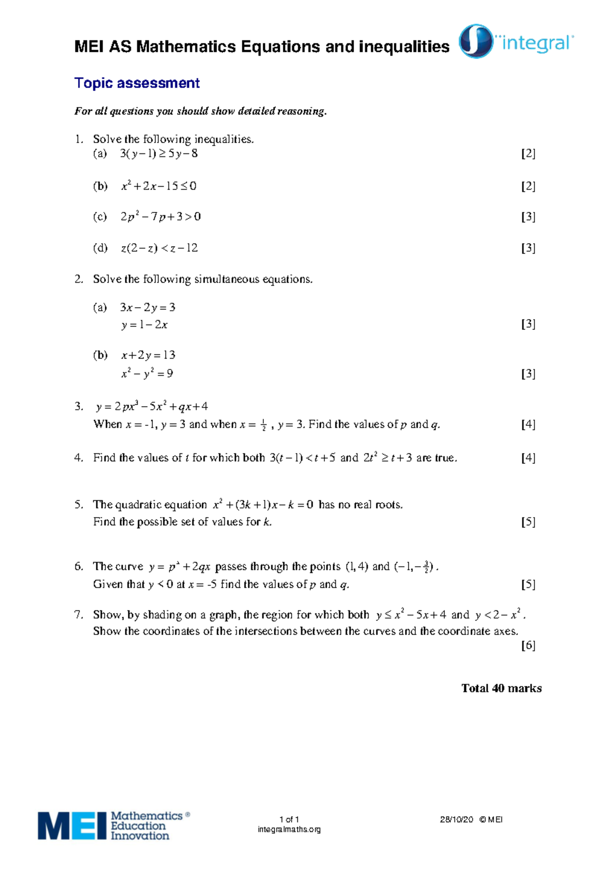 MEI AS Mathematics Topic Assessment: Equations & Inequalities - Studocu