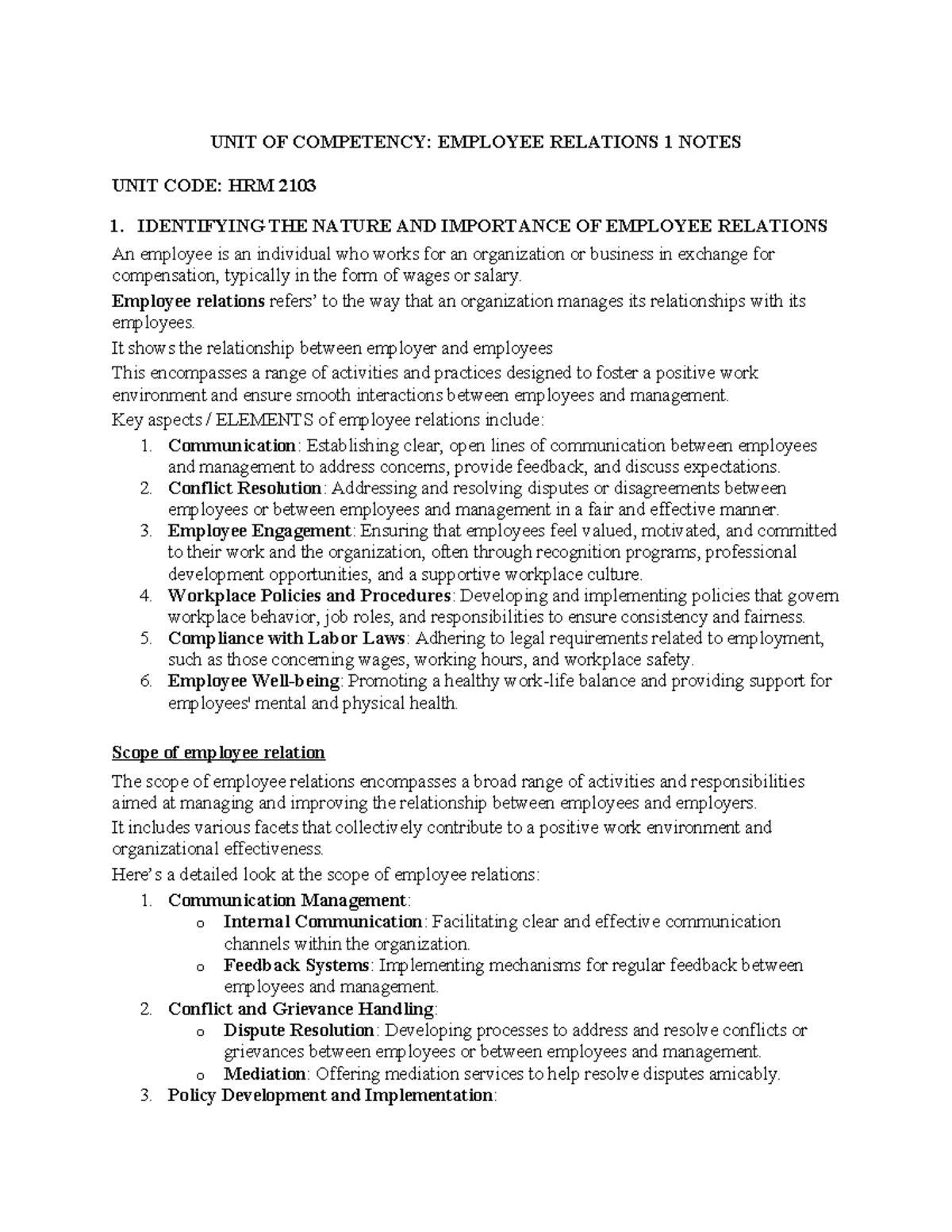 HRM 2103: Employee Relations Notes and Key Concepts - Studocu