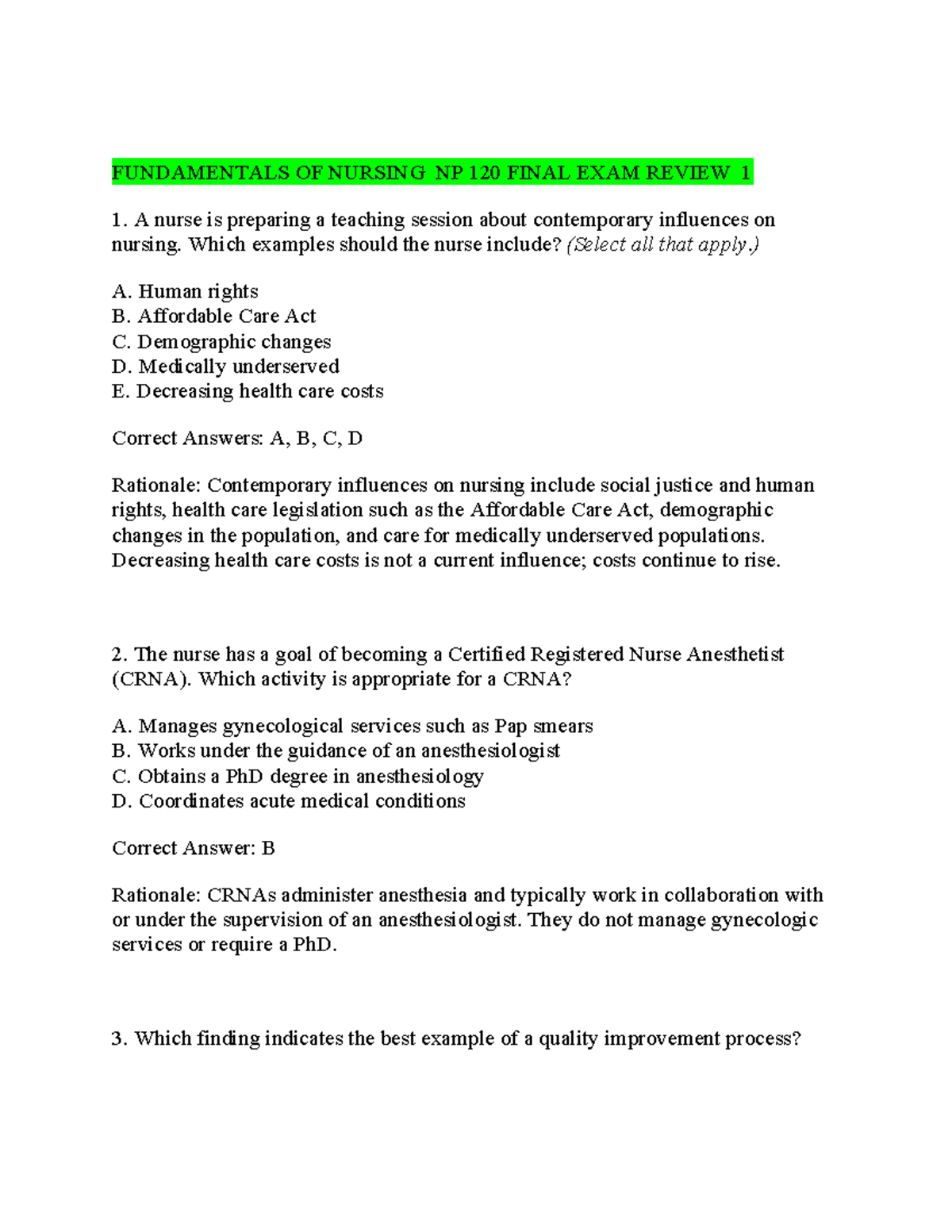 Fundamentals of Nursing NP 120 Final Exam Review Guide - Studocu