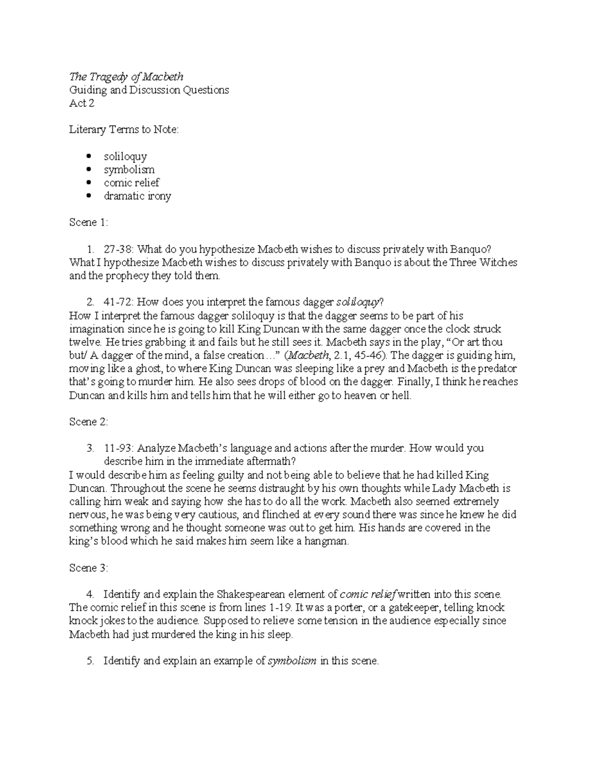 Macbeth (ENG 101) Act 2 Guiding & Discussion Questions - Studocu