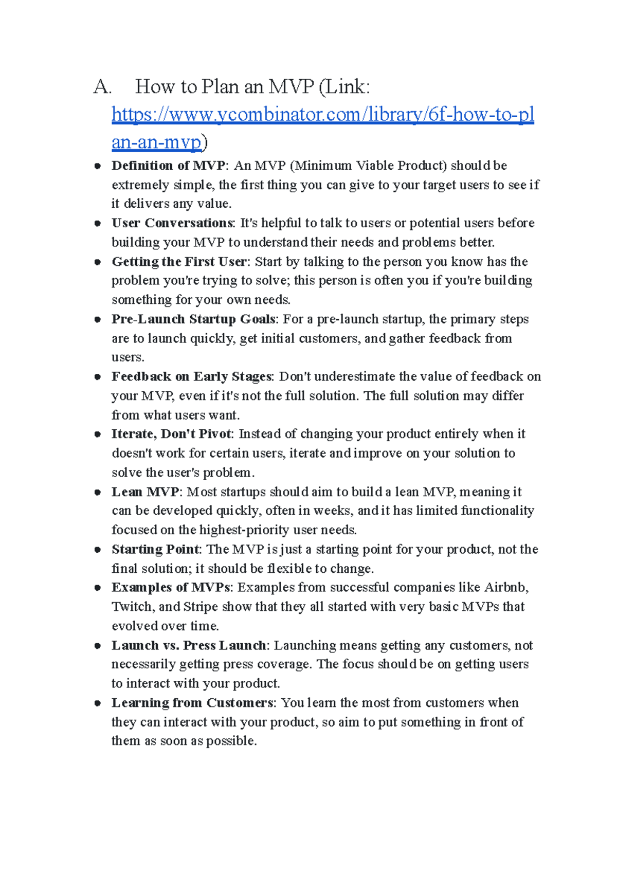 Summary WEEK6 - NHÓM 2 - A. How to Plan an MVP (Link: ycombinator ...