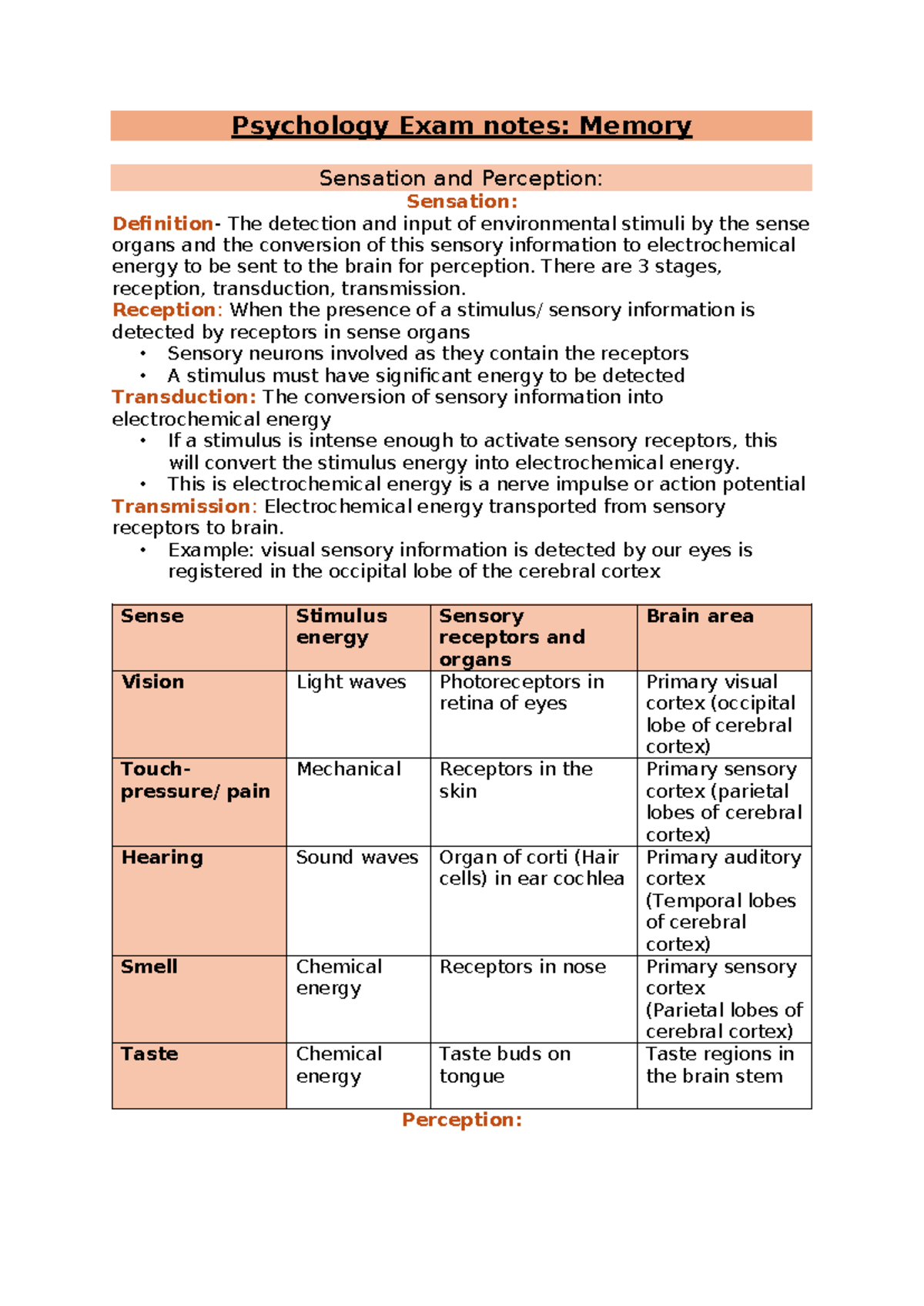Psychology Exam Notes: Memory, Sensation, and Perception Overview - Studocu