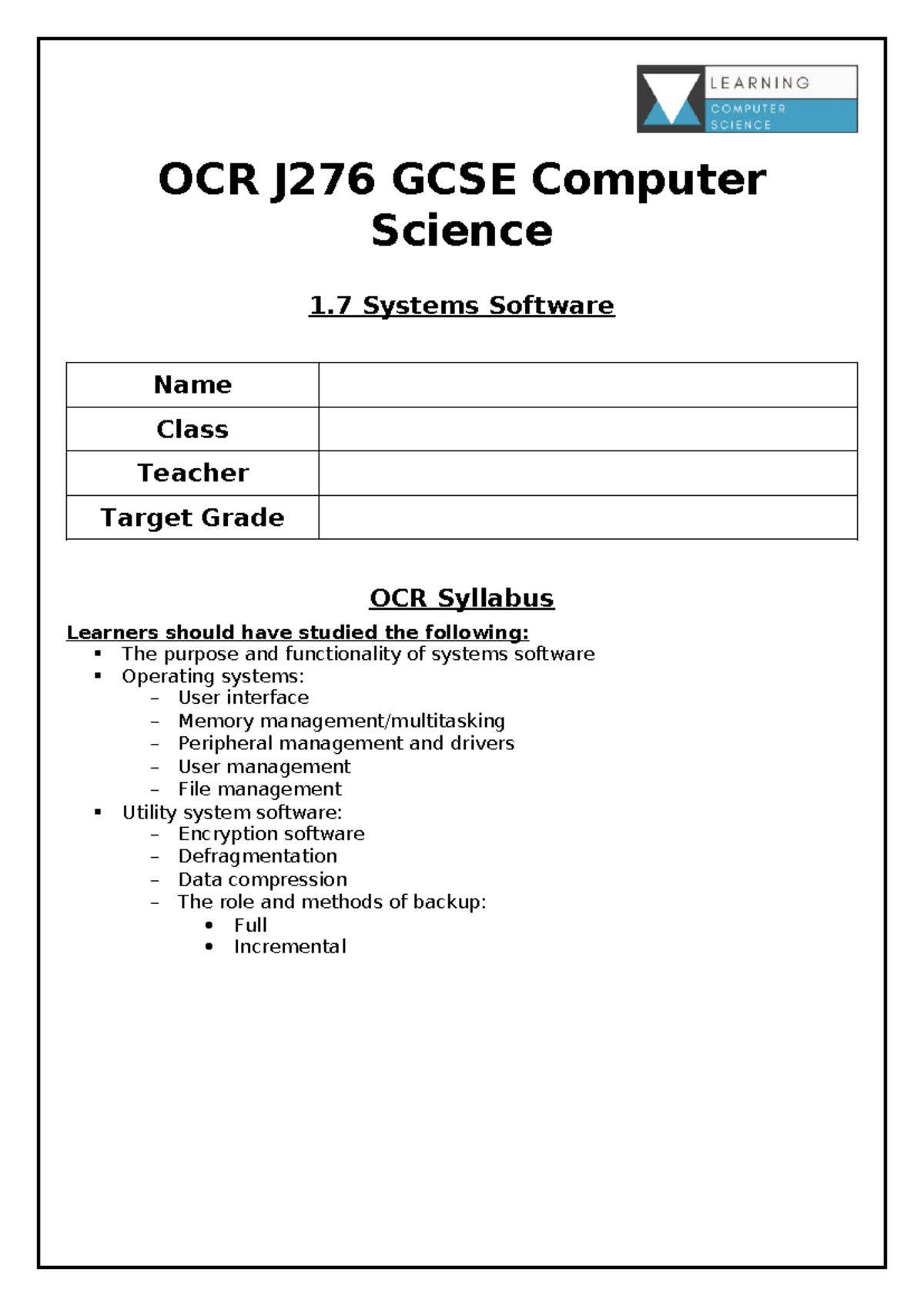OCR J276 GCSE Computer Science Revision Guide: Systems Software - Studocu