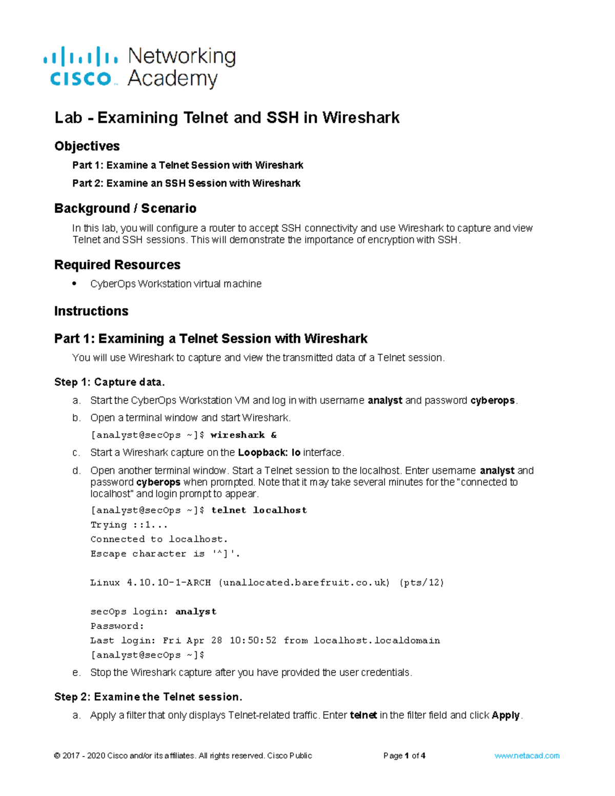 21.2.12 Lab - Analyzing Telnet & SSH Sessions Using Wireshark - Studocu
