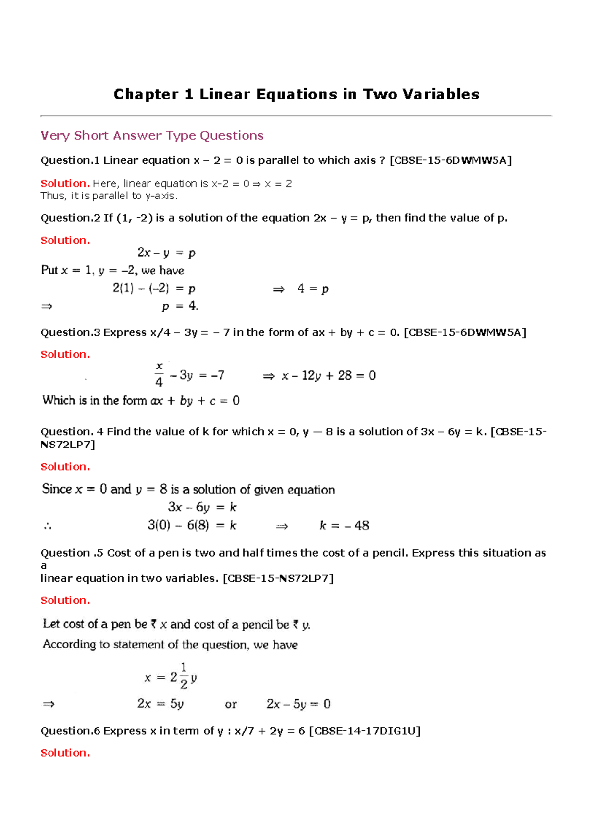 Maths - Chapter 1 - Linear Equations in Two Variables: Short Answer ...