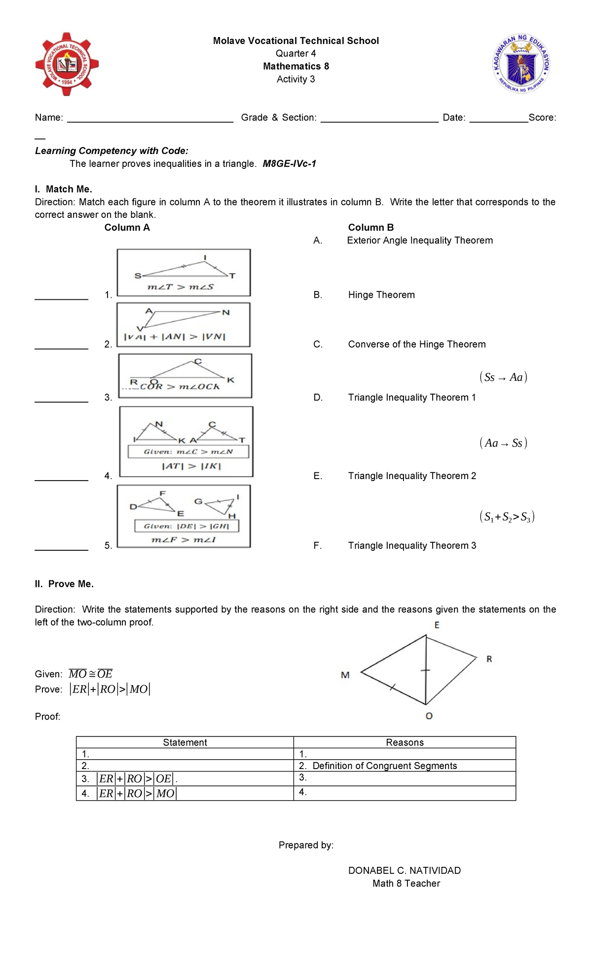 G8 MATH Q4 M3 Activity 3: Proving Inequalities in Triangles - Studocu