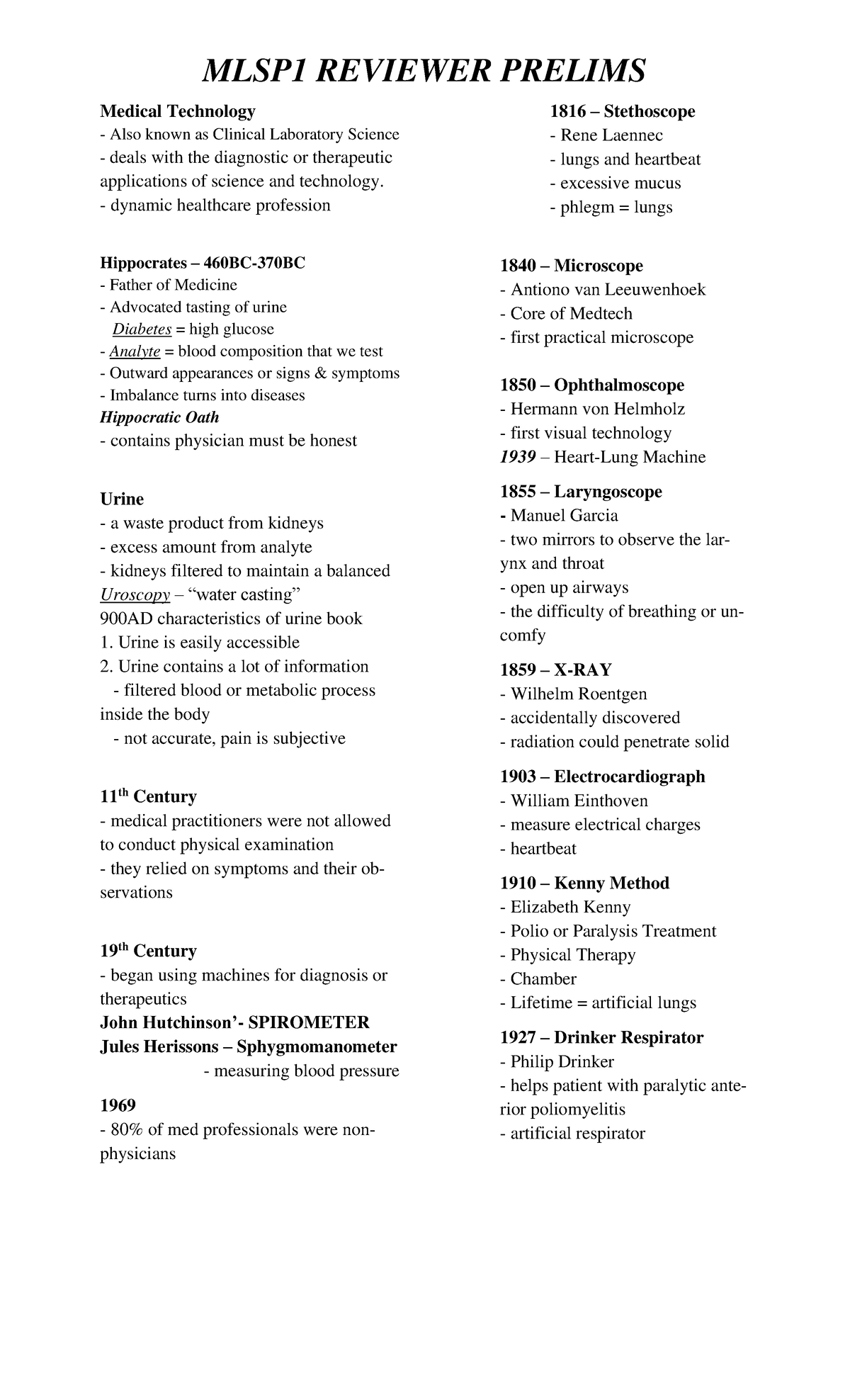 PMLS 1 Prelims Reviewer: Overview of Medical Technology History - Studocu