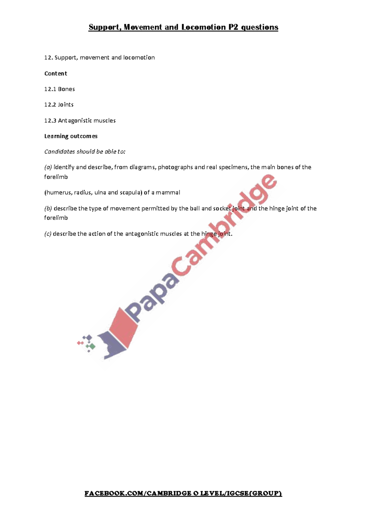 Support, Movement and Locomotion P2 Questions & Mark Scheme - Biology ...