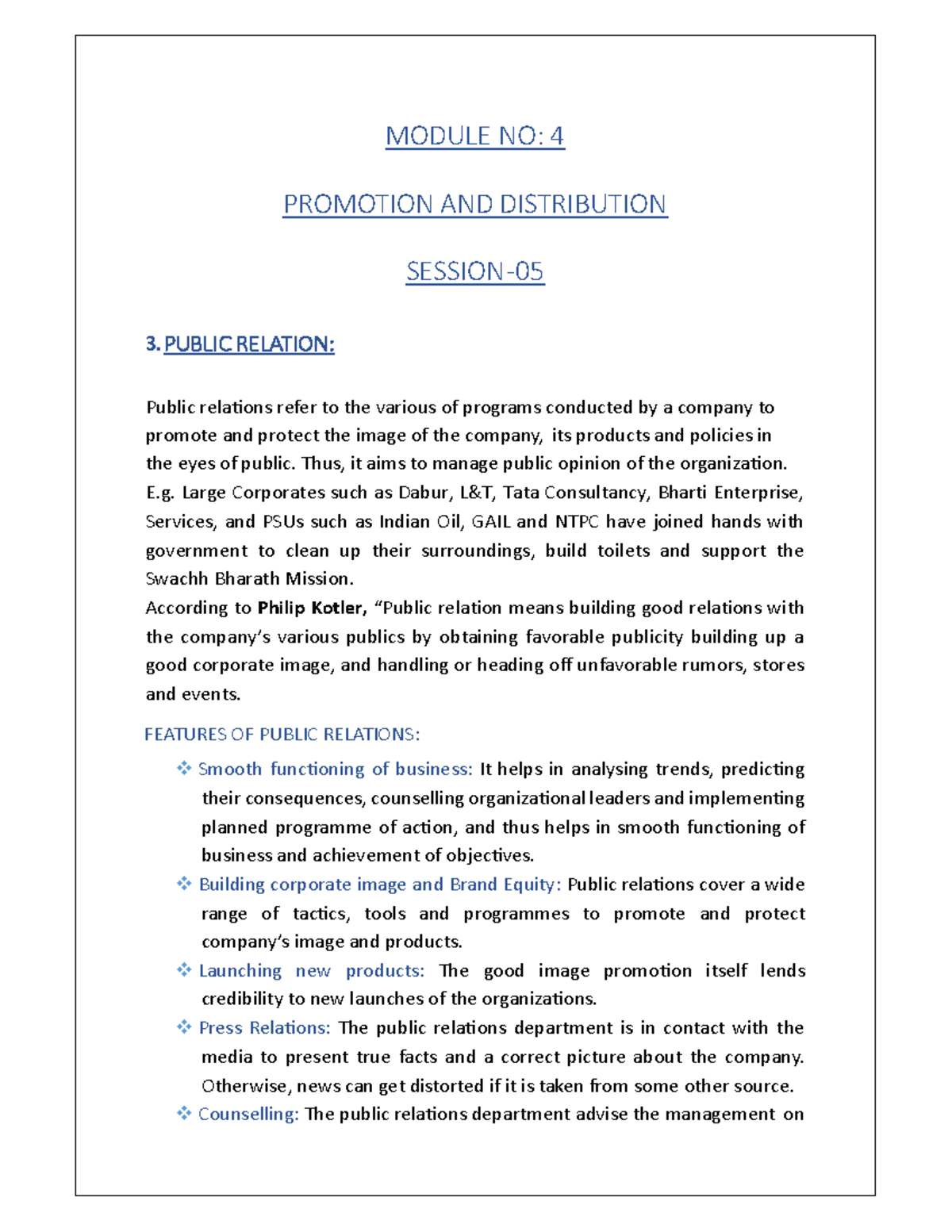 MODULE 4: Promotion & Distribution - Public Relations Overview - Studocu