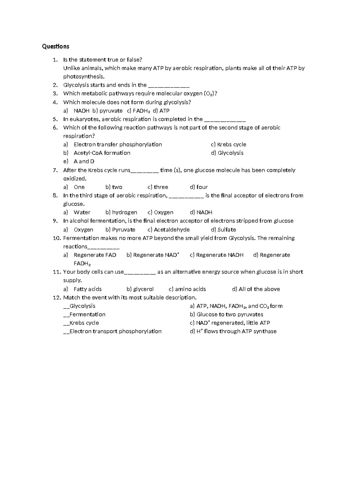 Cellular Respiration Questions: Exam Prep for BIO101 Final Exam - Studocu