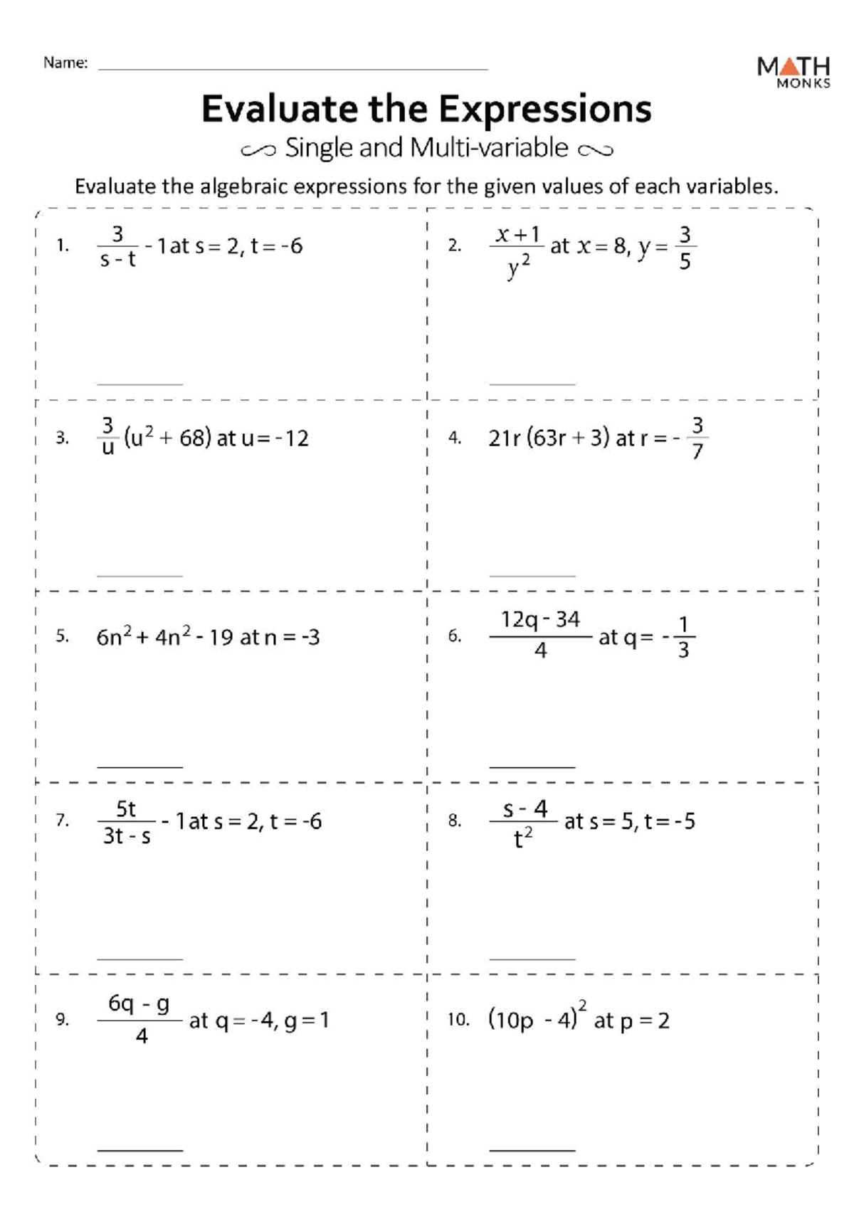 7th Grade Algebra: Evaluating Expressions Worksheets - Studocu