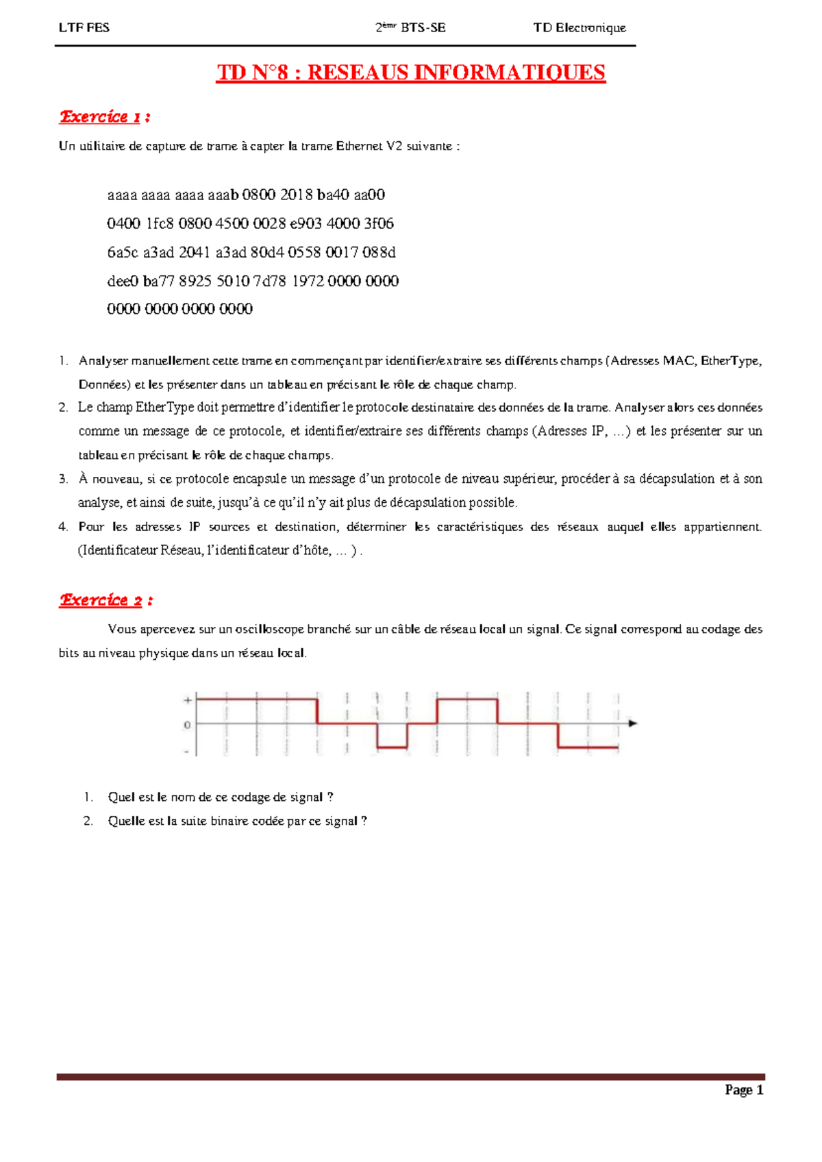 TD8 Reseaux INFO exo qcm - TD N° 8 : RESEAUS INFORMATIQUES Exercice 1 ...