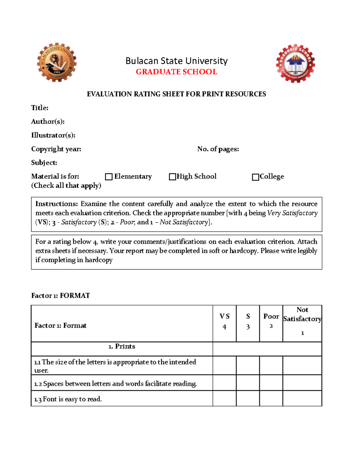 Evaluation Rating Sheet for Print Resources in Grad School - Studocu