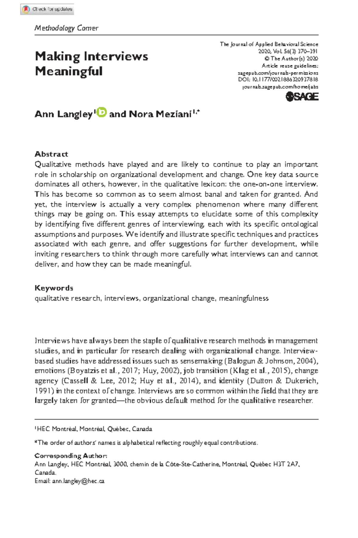 937818 Journal of Applied Behavioral Science: Interviewing Techniques ...