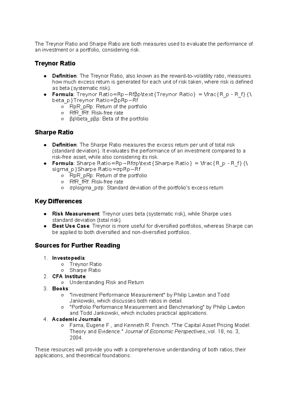 trenyor and sharpe ratios - The Treynor Ratio and Sharpe Ratio are both ...