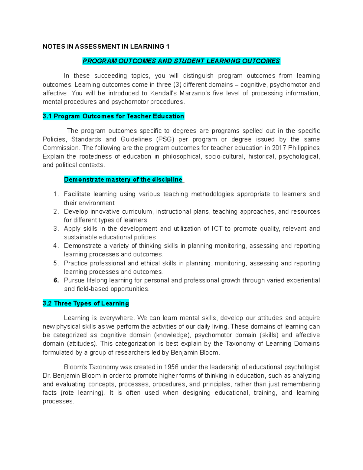 Program Outcomes & Student Learning Outcomes in Teacher Ed 101 - Studocu