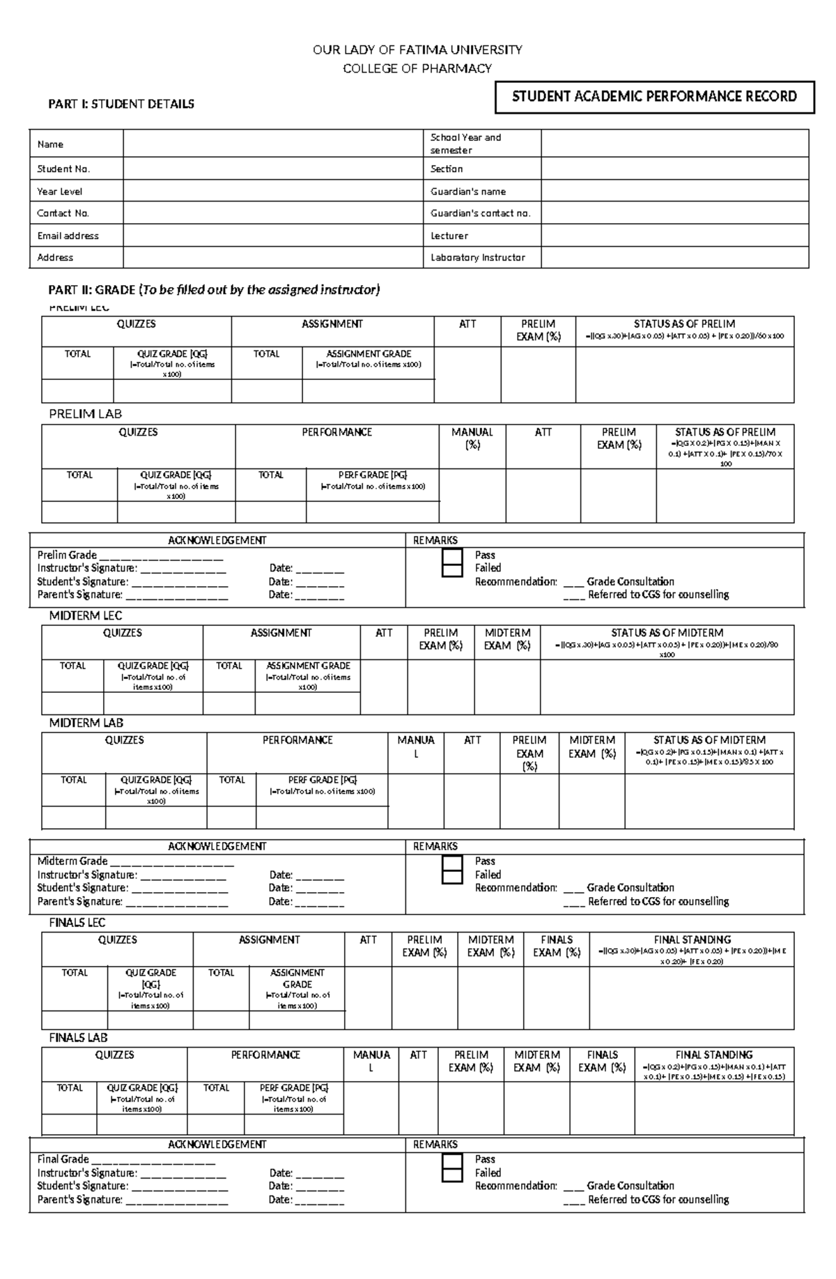 Student Academic Performance Record: LEC & LAB - OFU Pharmacy - Studocu
