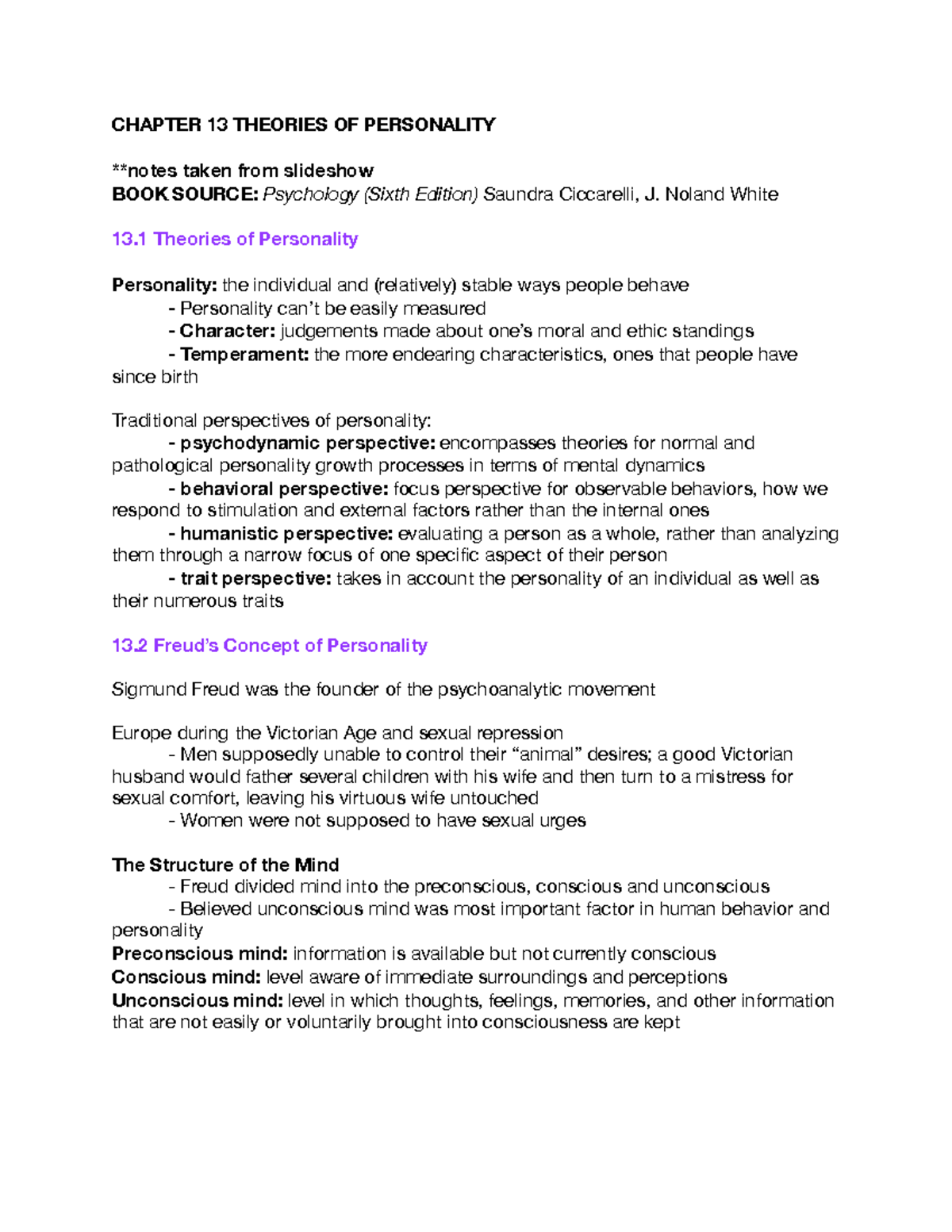 Psych 1101: Chapter 13 Theories of Personality Overview - Studocu