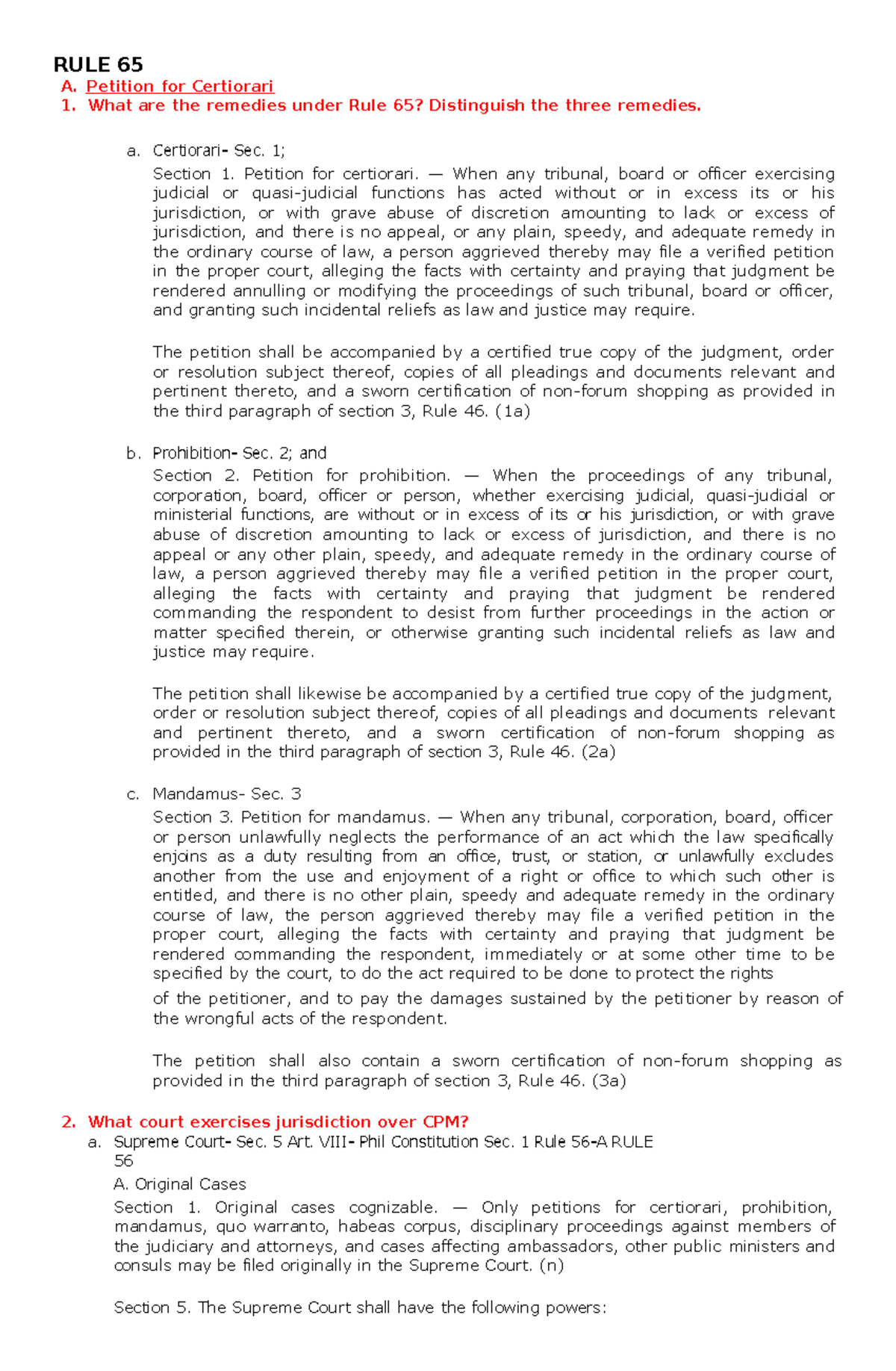 RULE 65 - Comprehensive Notes on Certiorari, Prohibition, and Mandamus ...