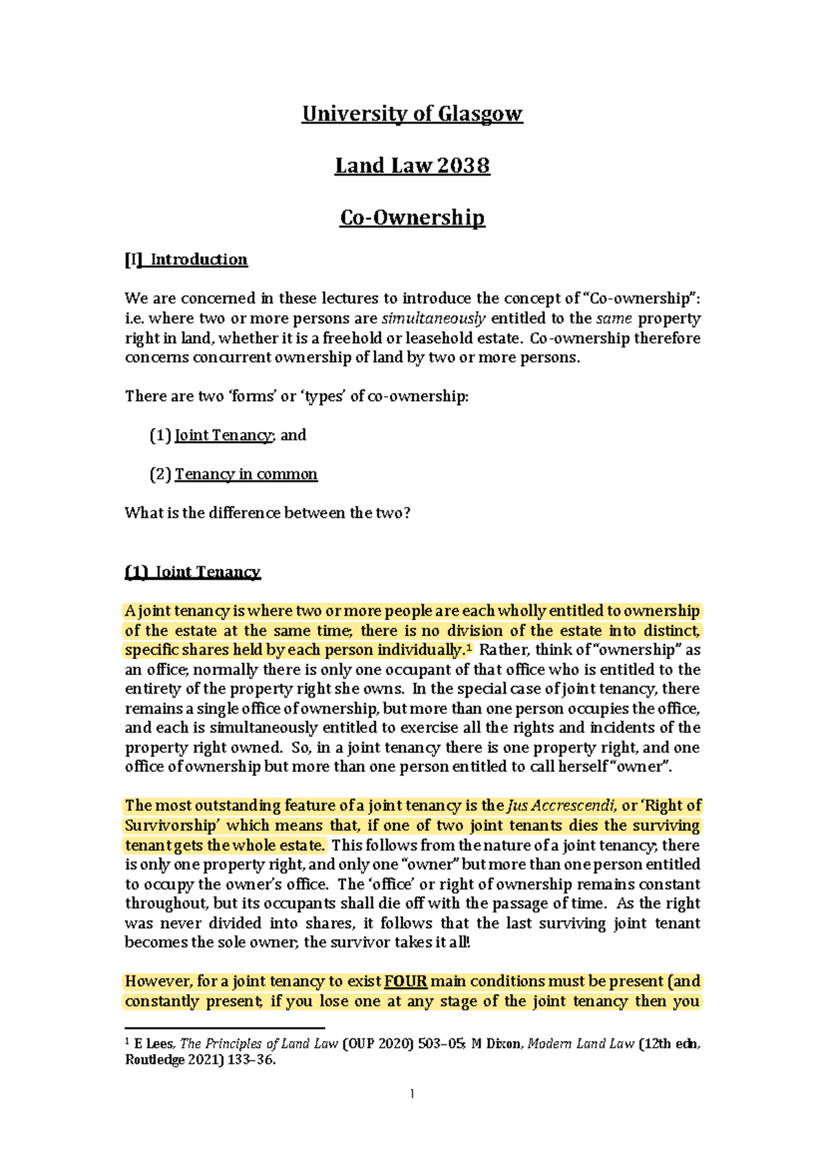 Co-Ownership Concepts in Land Law 2038 Lecture Notes - Studocu