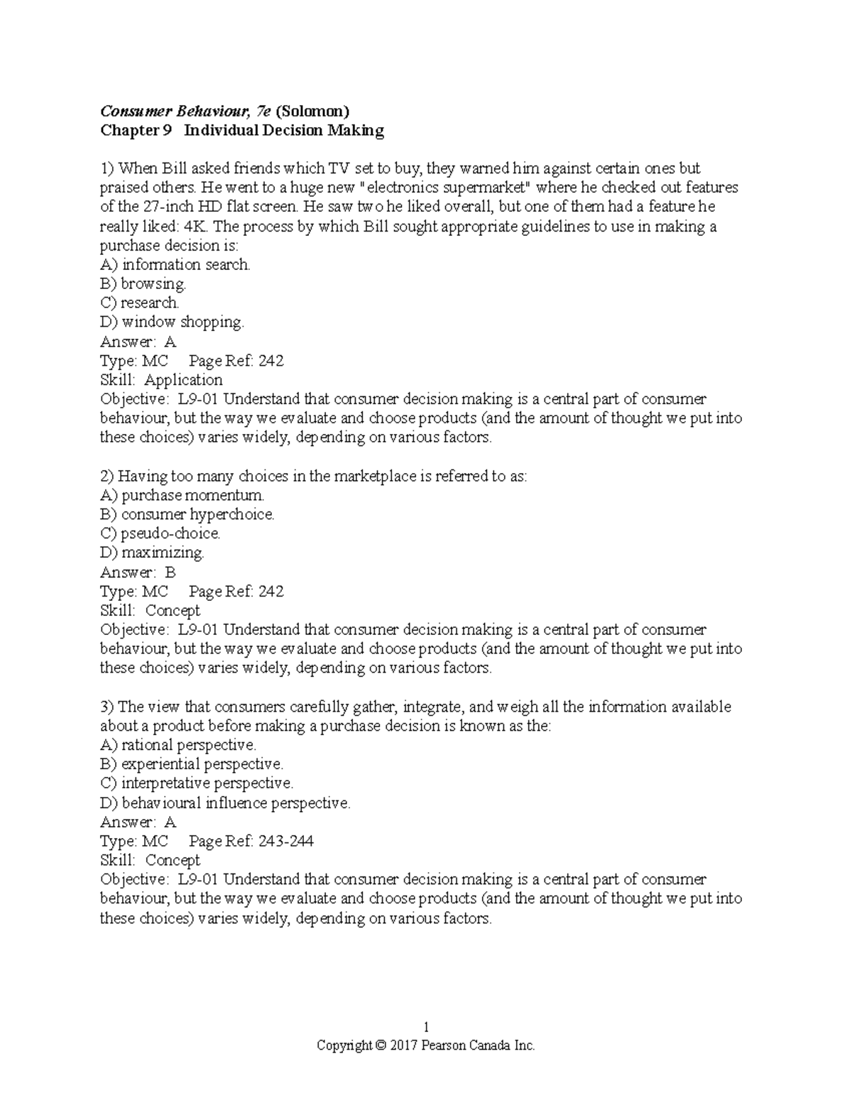 Solomon 7e Chapter 9 - Individual Decision Making Practice Qs - Studocu